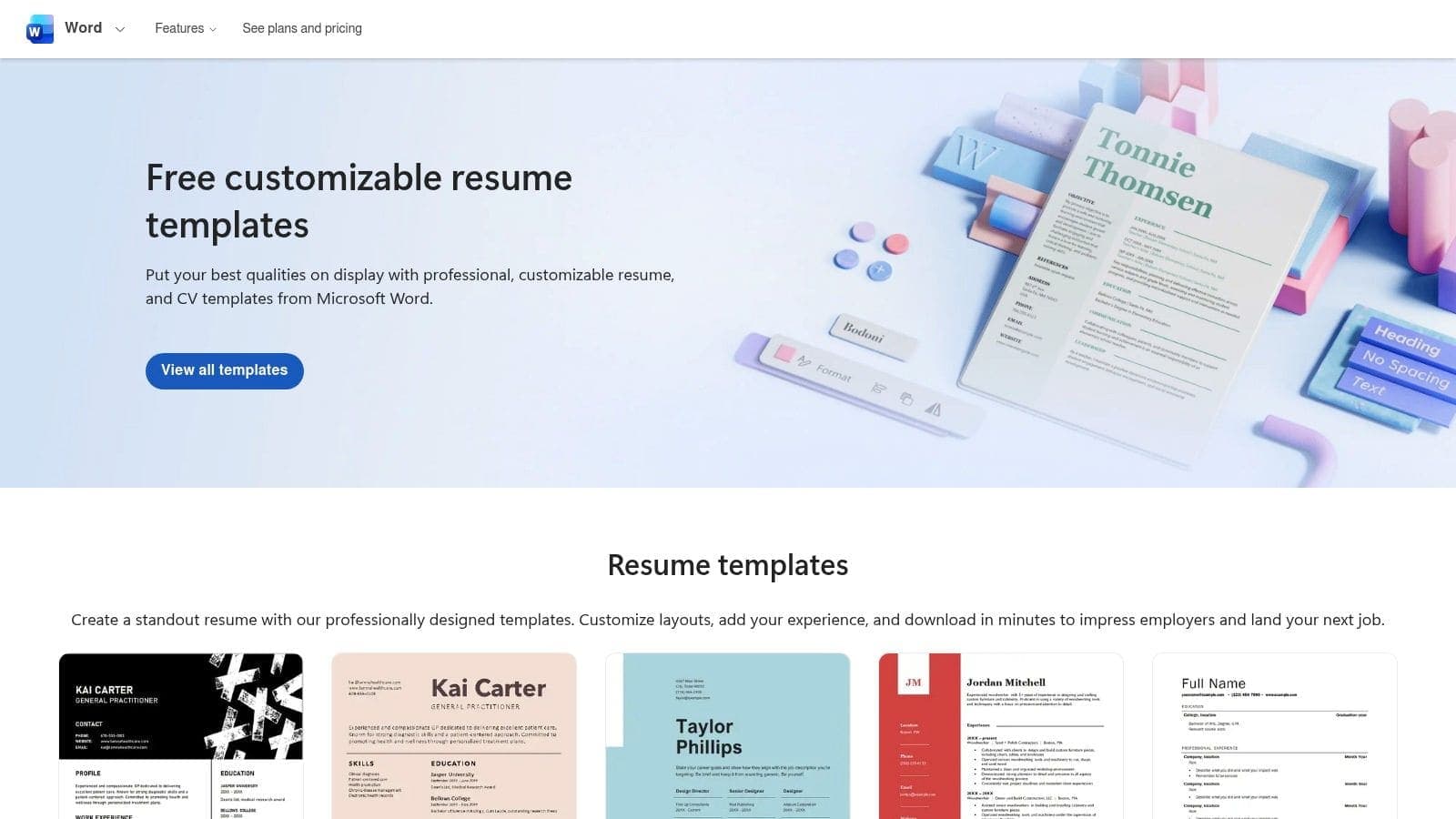 Microsoft Word templates displayed on a laptop screen showing professional CV layouts