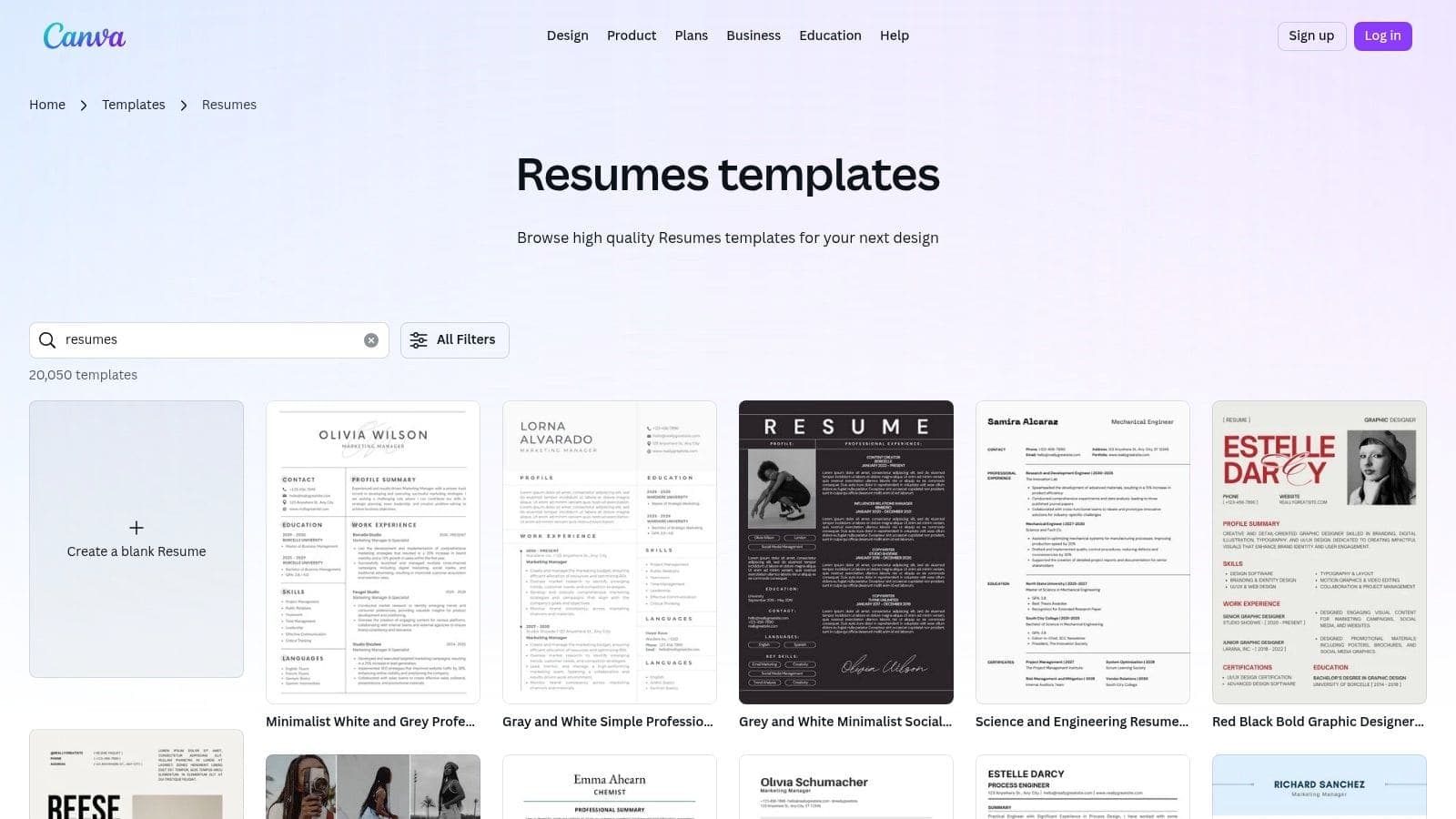 Canva design interface displaying creative resume templates with drag-and-drop editing