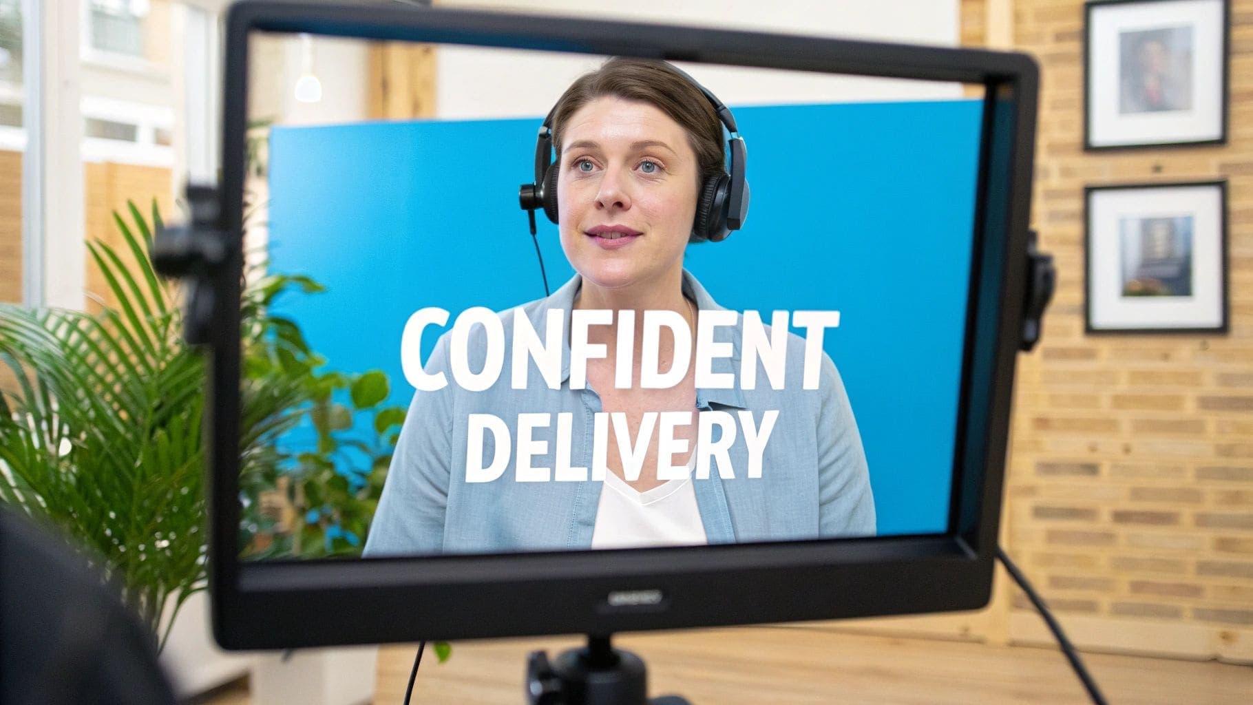 A person practicing interview responses with confident posture and good eye contact