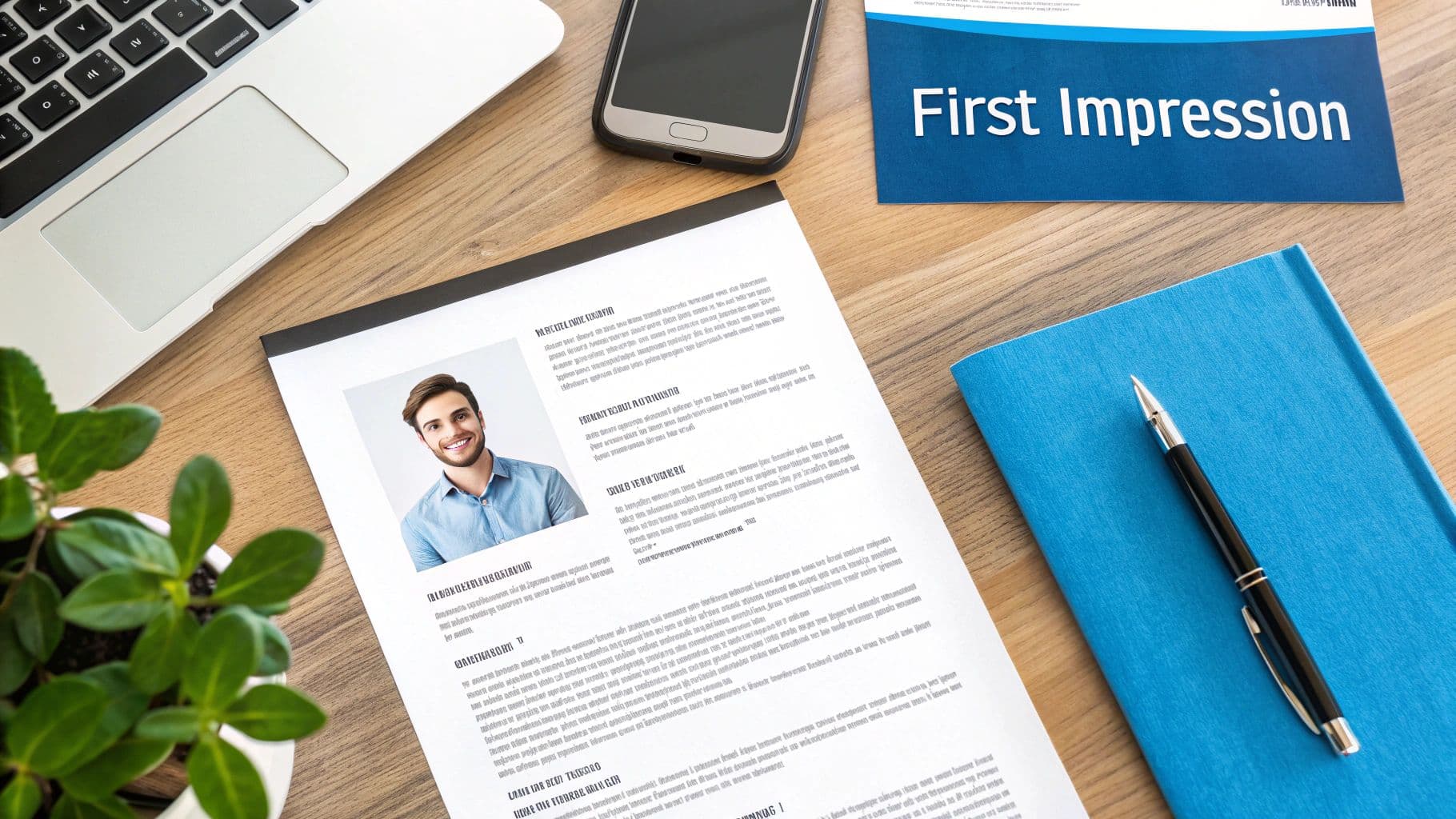 A professional desk setup featuring a polished resume with clear contact information, LinkedIn profile displayed on laptop, and organized planning materials