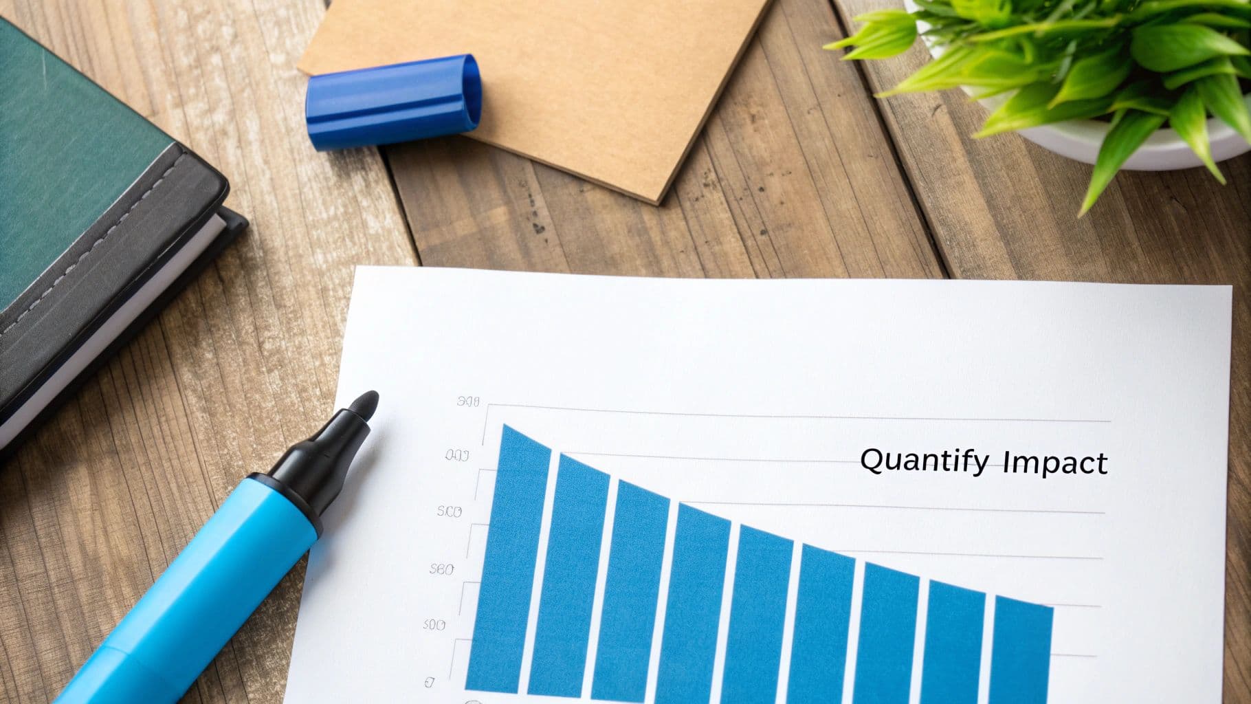 A close-up of a magnifying glass examining a resume that highlights quantified achievements, metrics, and measurable results with emphasis on impact