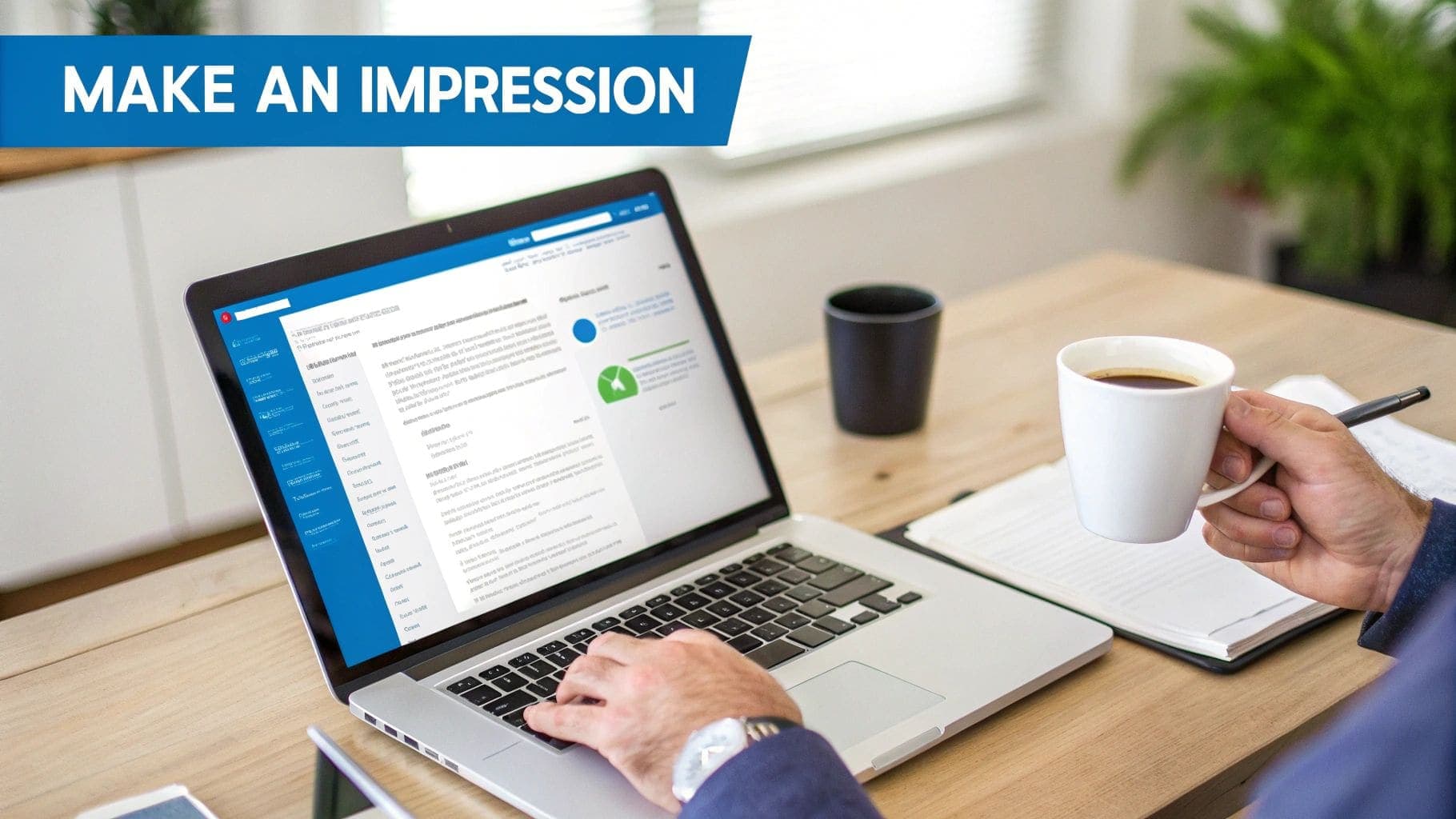 A professional typing a thoughtful thank you email on a laptop immediately following a successful job interview with interview notes visible