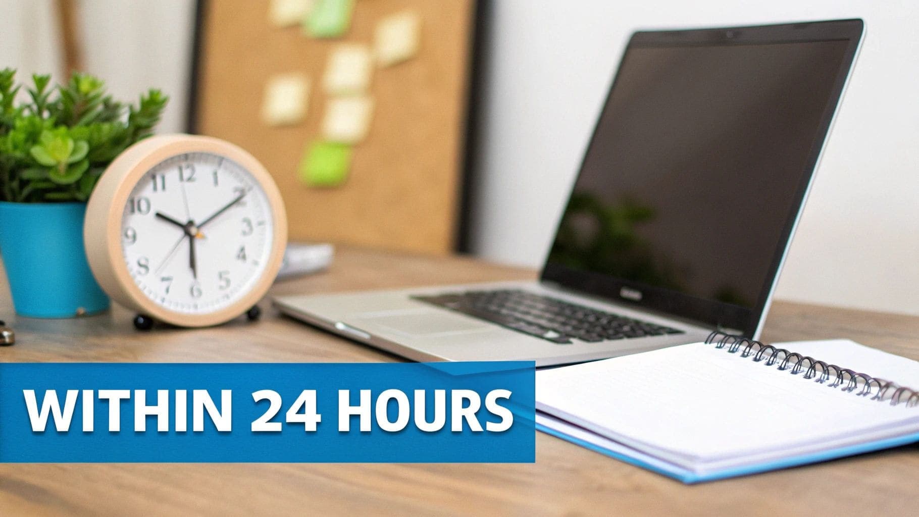A professional calendar and clock display showing the 24-hour window after an interview, emphasizing optimal timing for sending follow-up emails