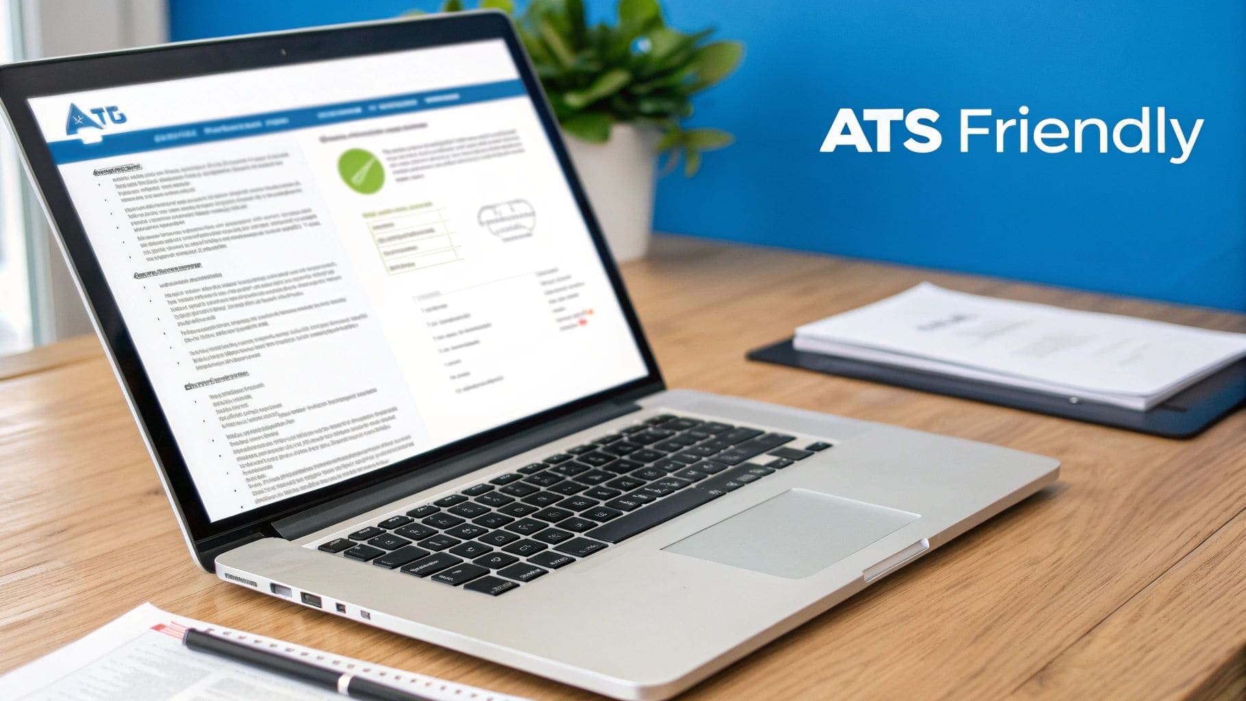 A digital visualization of an ATS system scanning and analyzing a resume with highlighted keywords, formatting elements, and matching criteria