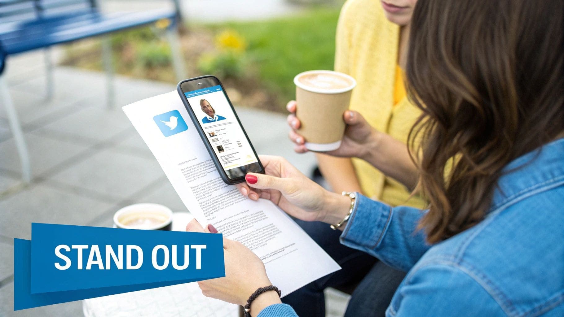 A confident recent graduate having a professional networking conversation with an industry professional at a modern coffee shop, making a strong first impression