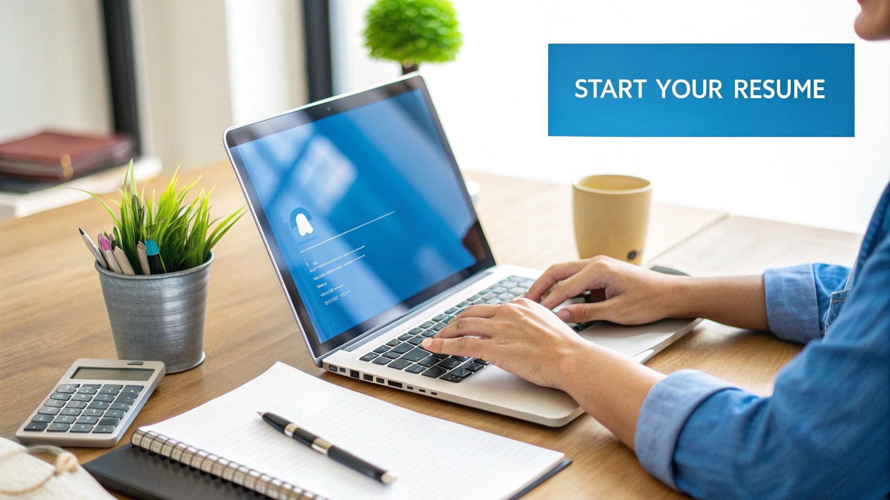 A professional focused on building their online resume on a laptop with a modern workspace setup and coffee cup nearby showing the resume creation process
