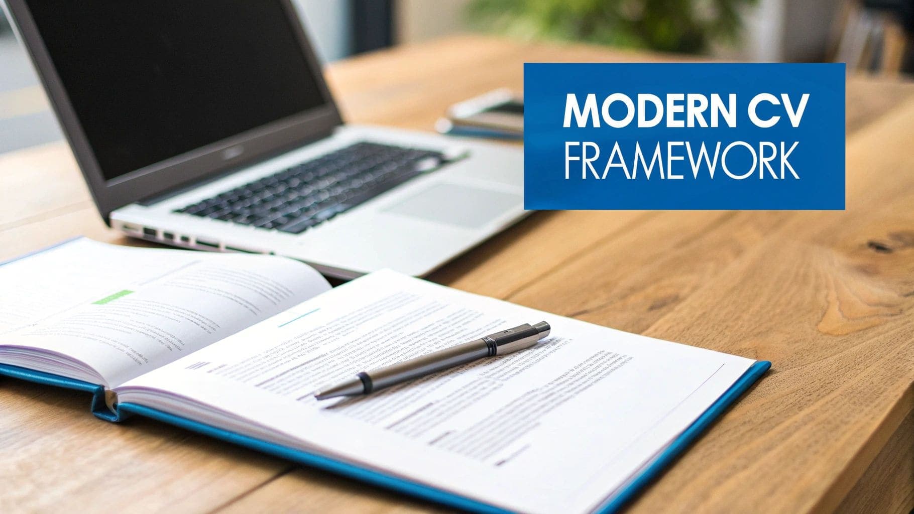 A modern CV framework displayed on a laptop screen with an open notebook and pen on a wooden desk representing professional CV planning and structure