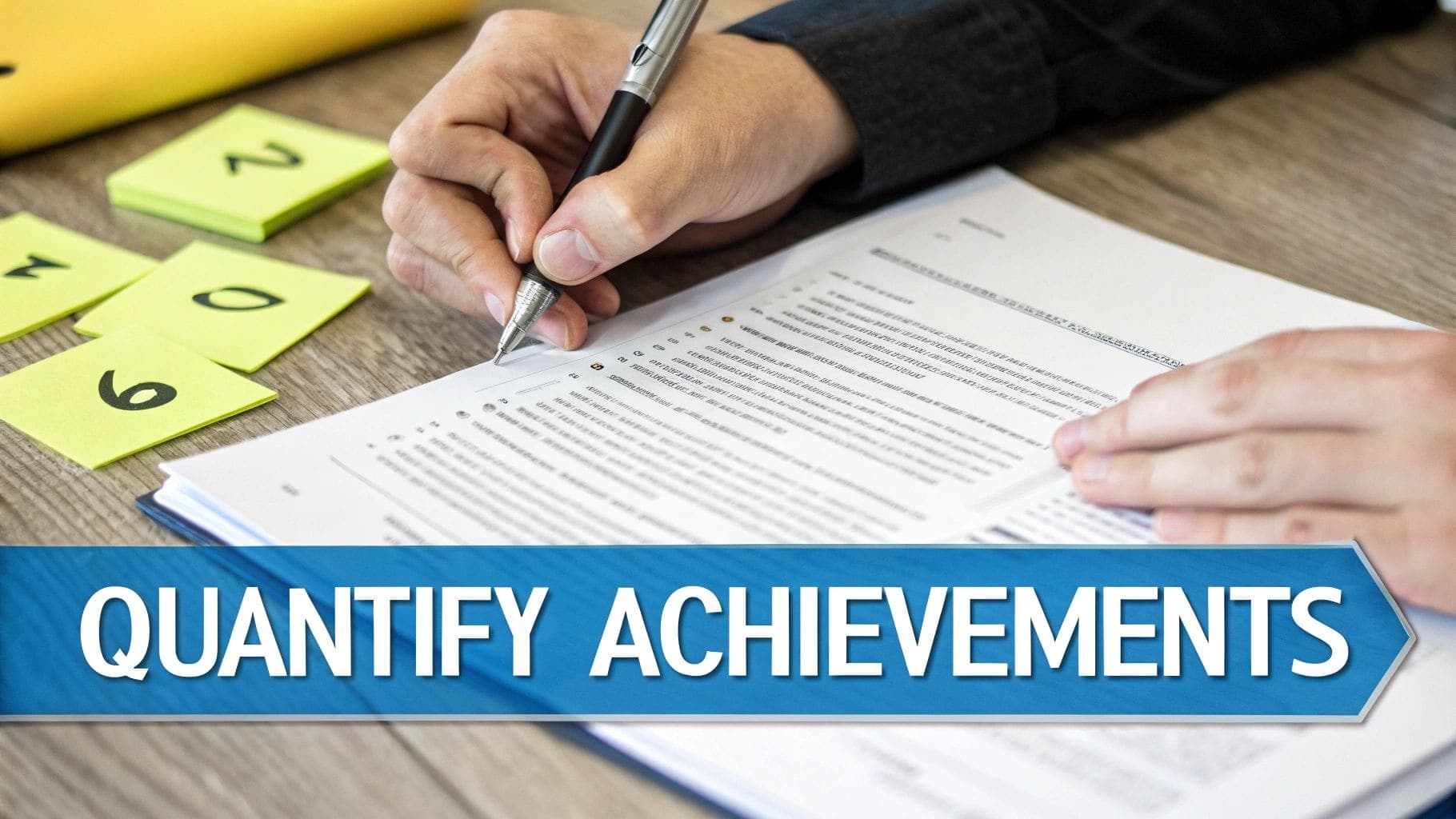 A professional writing on a document with a pen next to yellow numbered sticky notes representing the process of quantifying career achievements with metrics
