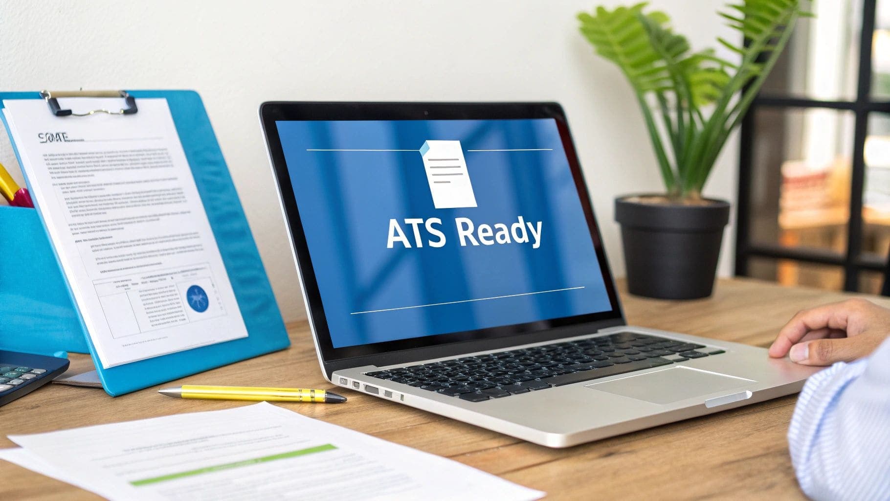 A laptop displaying ATS Ready text with professional resume documents and a clipboard on a modern workspace desk representing ATS optimization
