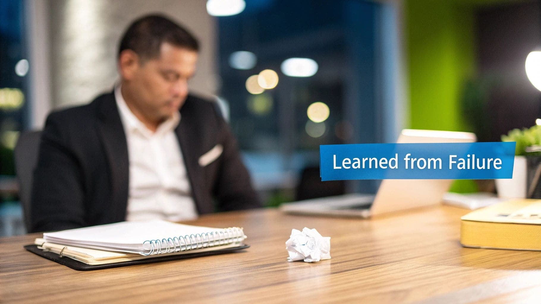 Professional businessman in suit reflecting on career lessons learned from failure whilst sitting at a modern office desk with documents and laptop