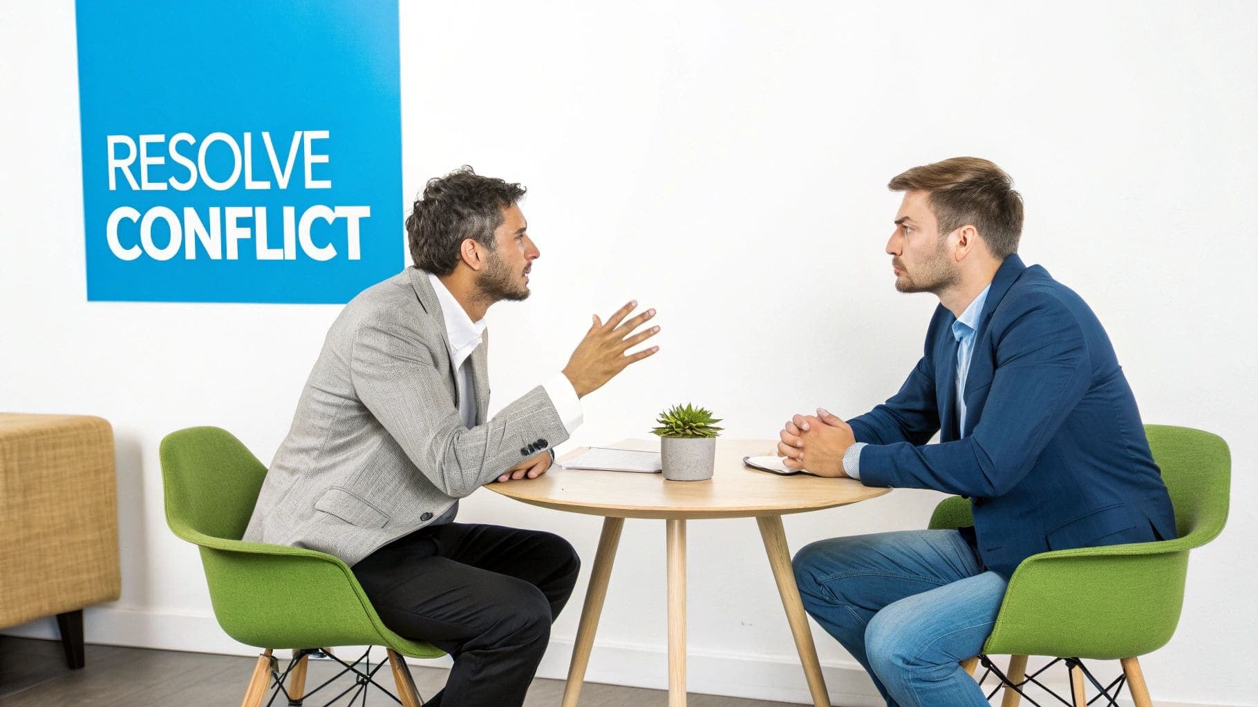 Two professional businessmen in suits engaged in constructive conflict resolution discussion during a meeting at a modern office conference table
