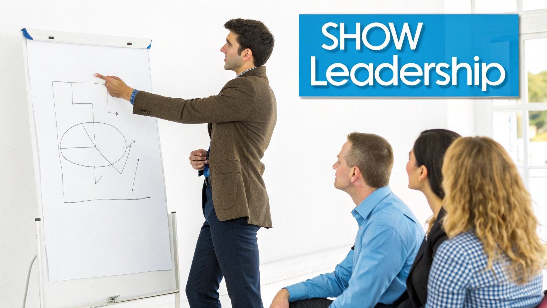 Business professional in modern attire presenting leadership strategy charts and analytics to engaged team members during a training session in a contemporary office