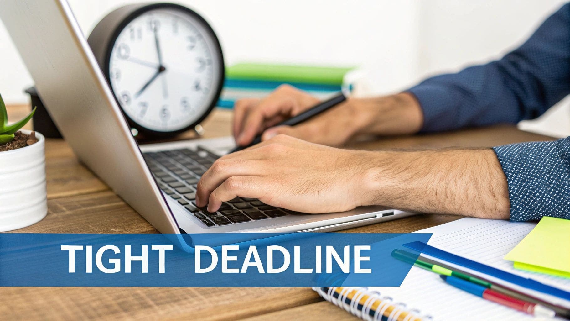 Professional person typing intensely on laptop keyboard with wall clock prominently showing a tight deadline for urgent work task completion in modern office workspace