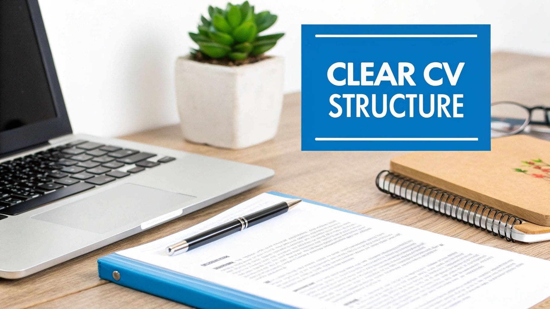 Professional CV document with blue pen on wooden desk next to laptop computer and clear CV structure sign for UK job applications