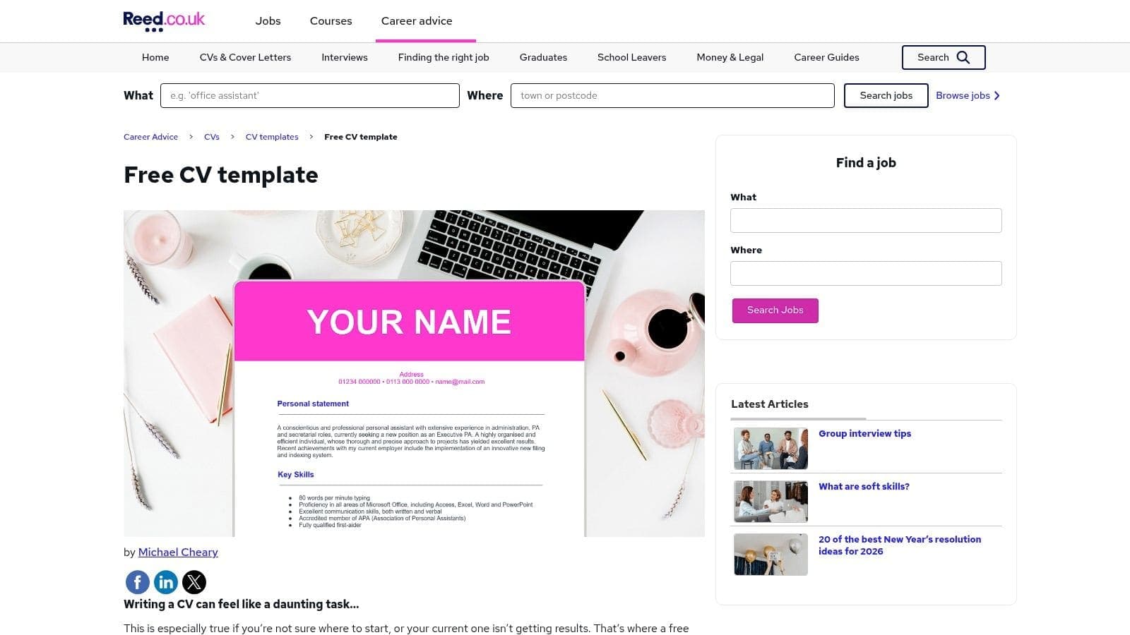 Reed.co.uk job board website showing selection of free downloadable Word CV templates with recruiter-approved layouts for UK job market