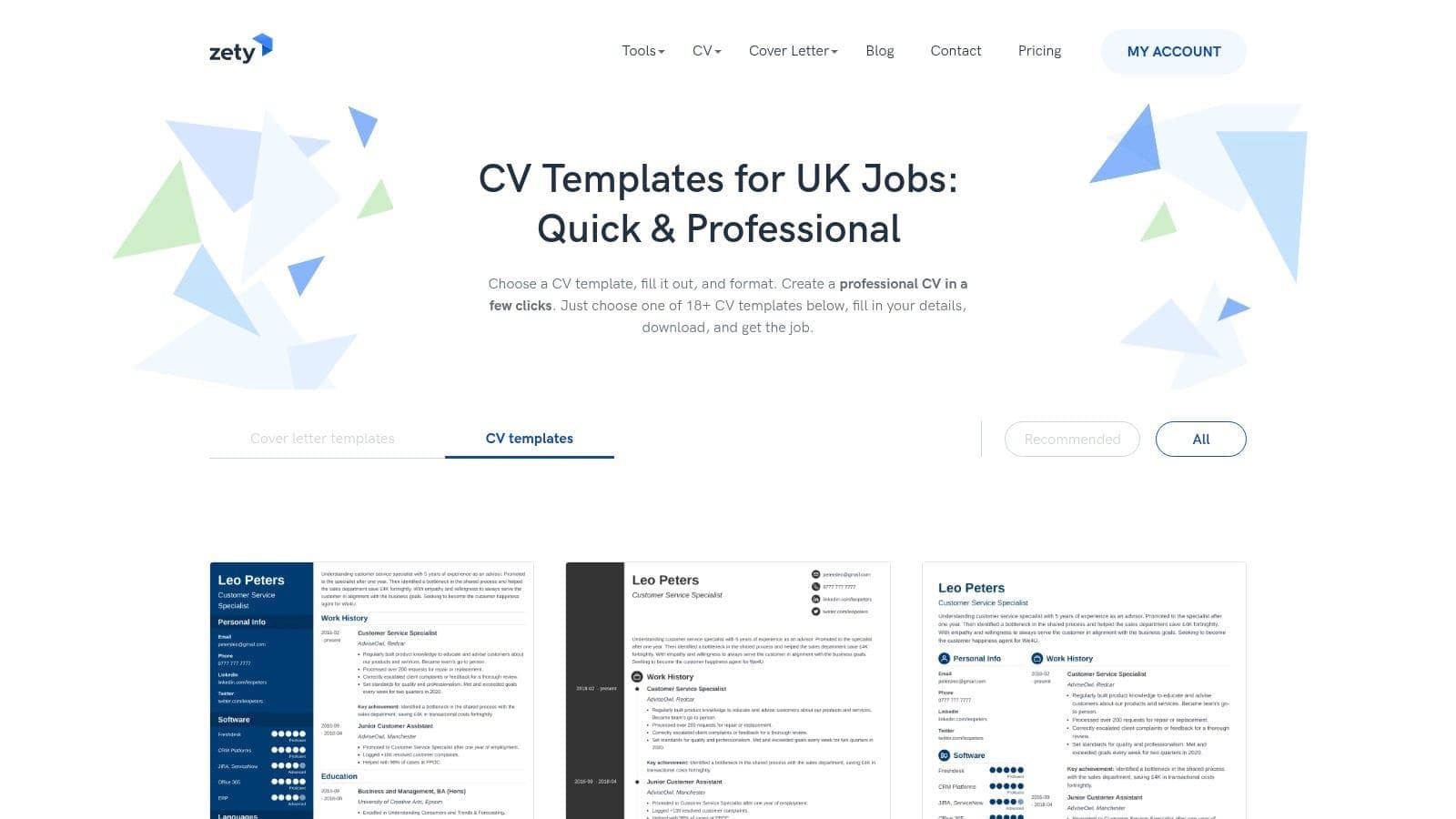 Zety UK online CV builder platform displaying modern ATS-friendly templates with guided writing prompts and pre-written content suggestions