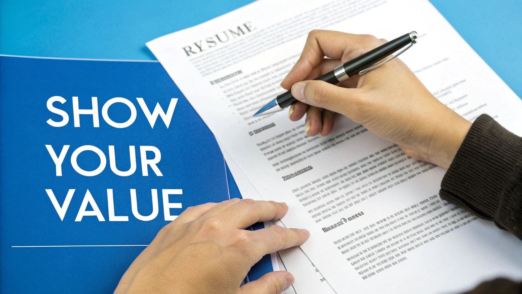 Professional hands reviewing resume document with black pen next to blue binder displaying SHOW YOUR VALUE text on wooden desk for US job applications