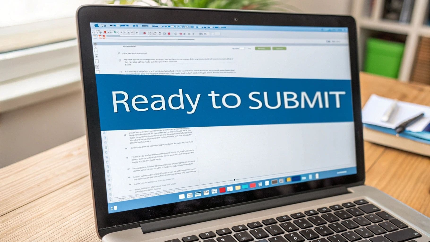 Laptop screen displaying professional resume document with prominent Ready to SUBMIT text on wooden desk for US job application submission process