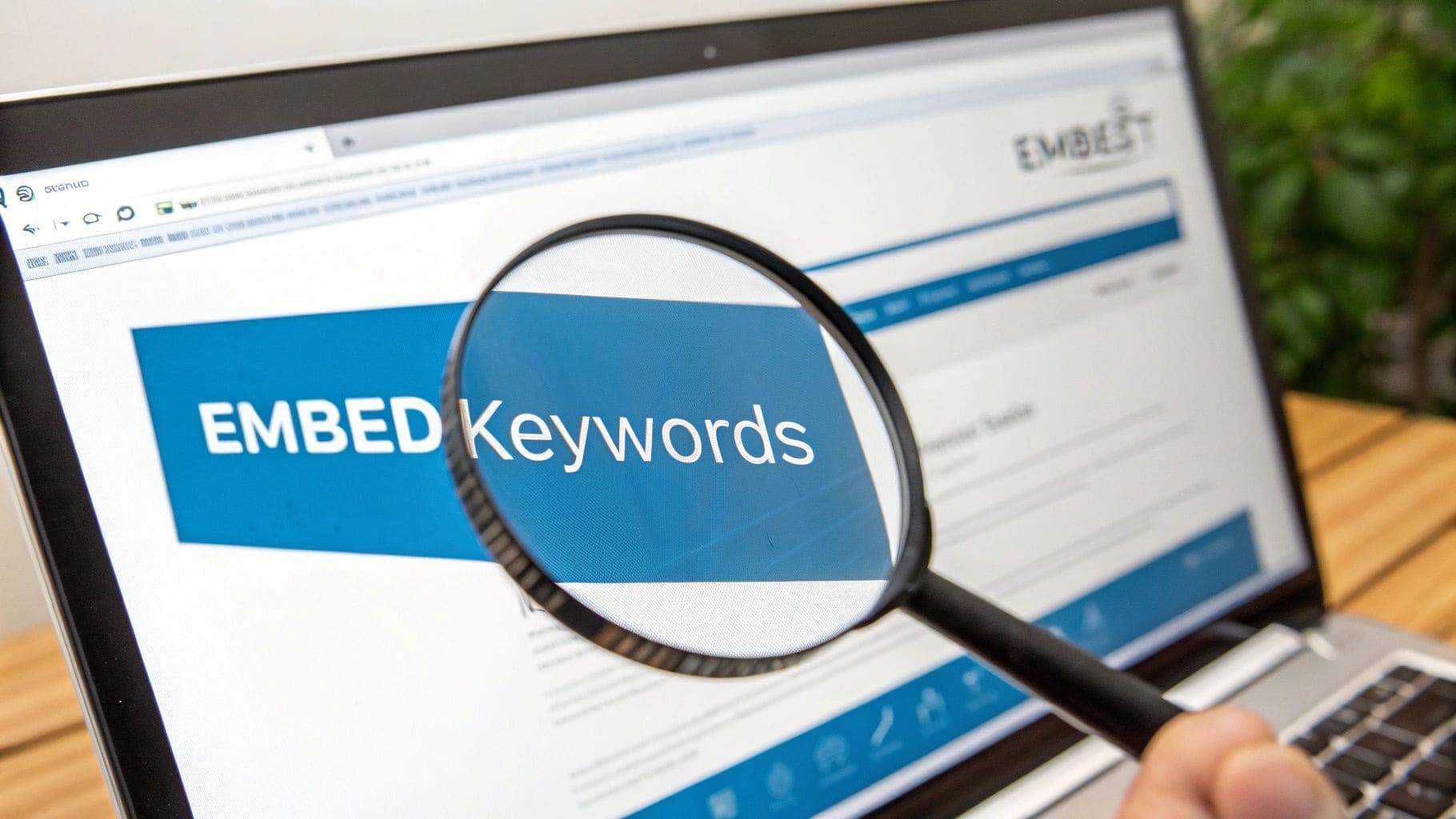 Magnifying glass highlighting EMBED Keywords text on laptop screen demonstrating keyword research strategy for UK ATS CV optimisation and job application success