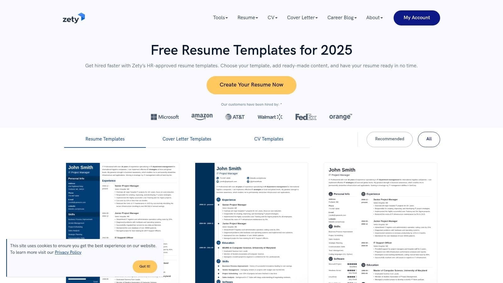 Zety platform interface showing selection of professional ATS-friendly resume templates with guided builder and pre-written content suggestions for US job market