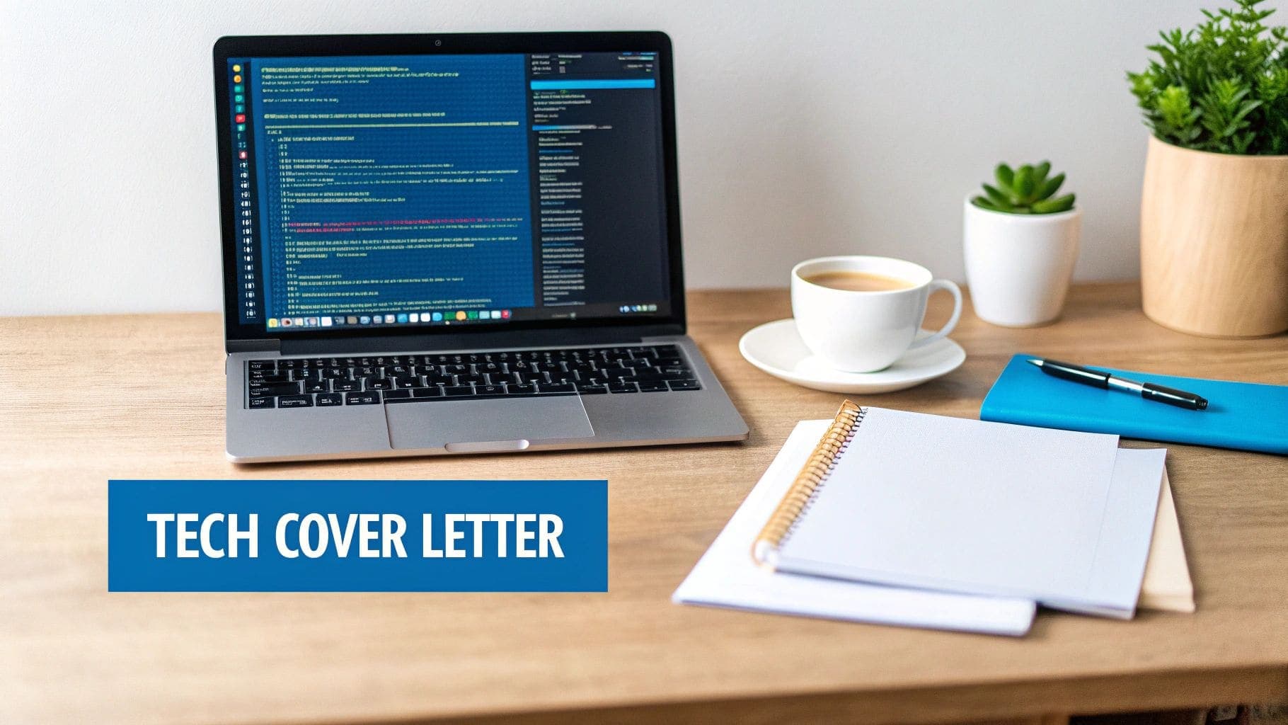 Professional tech workspace desk with laptop displaying code, coffee cup, notebooks and TECH COVER LETTER banner for UK software development job applications