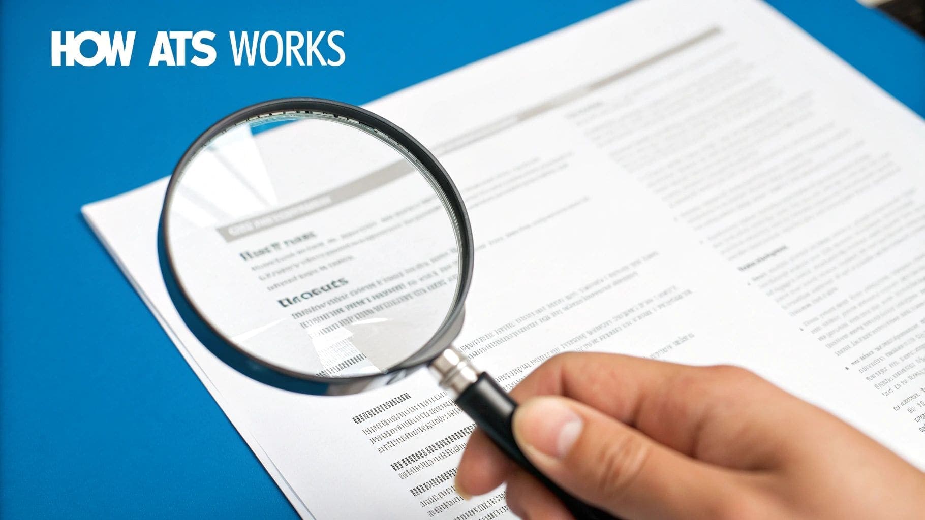 Hand holding magnifying glass over CV document illustrating detailed ATS review process for UK job applications
