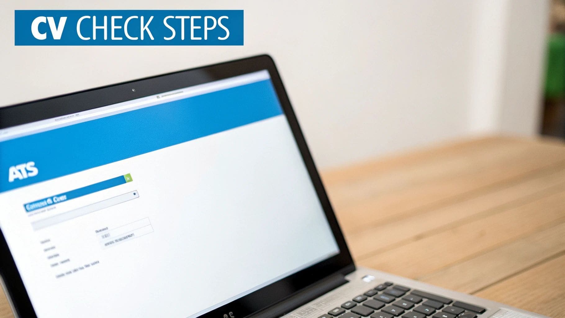 Laptop screen displaying ATS applicant tracking system interface with CV CHECK STEPS text for job application optimization