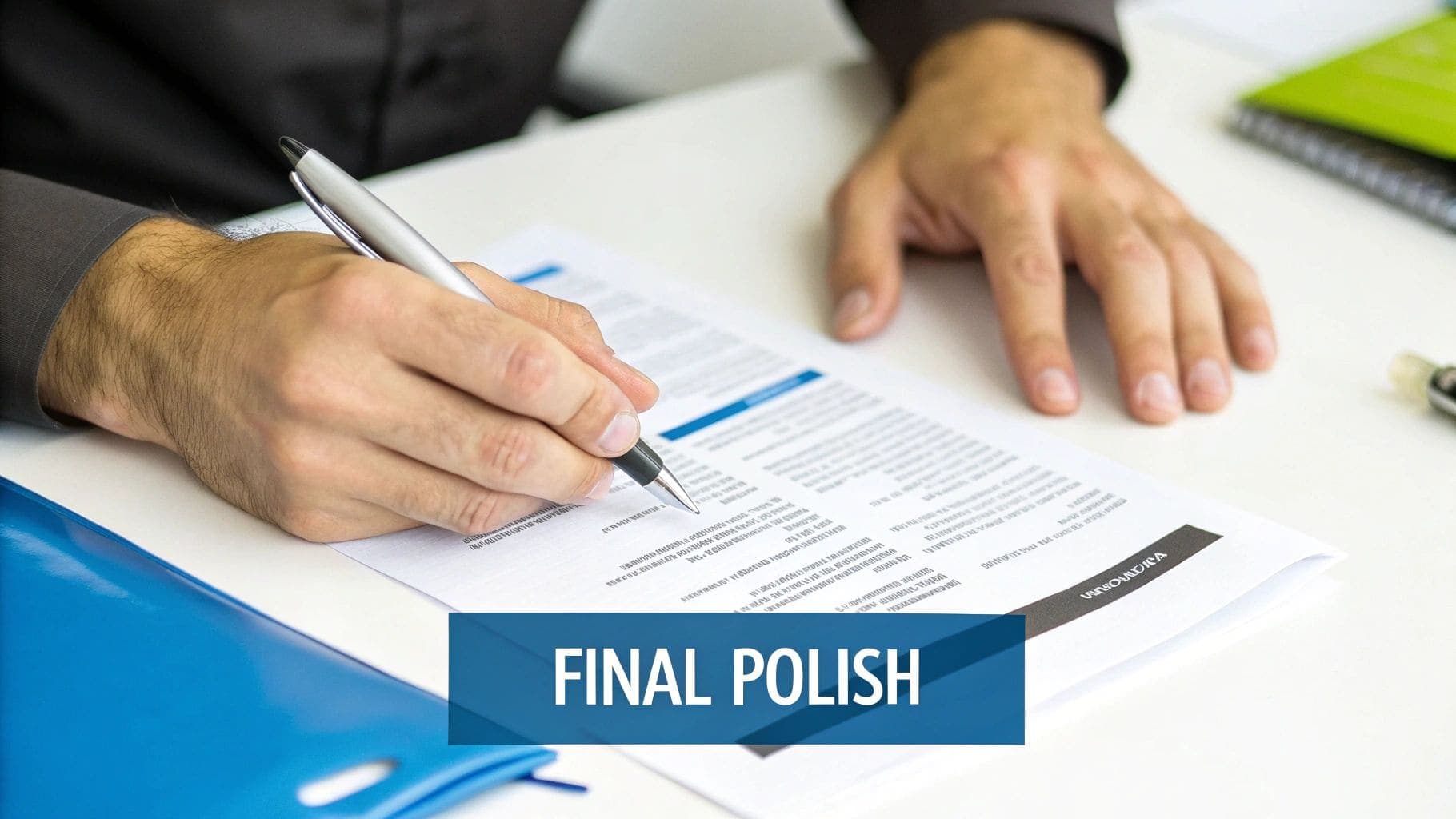 Professional hands writing on document with pen with FINAL POLISH overlay for post graduate resume proofreading and editing