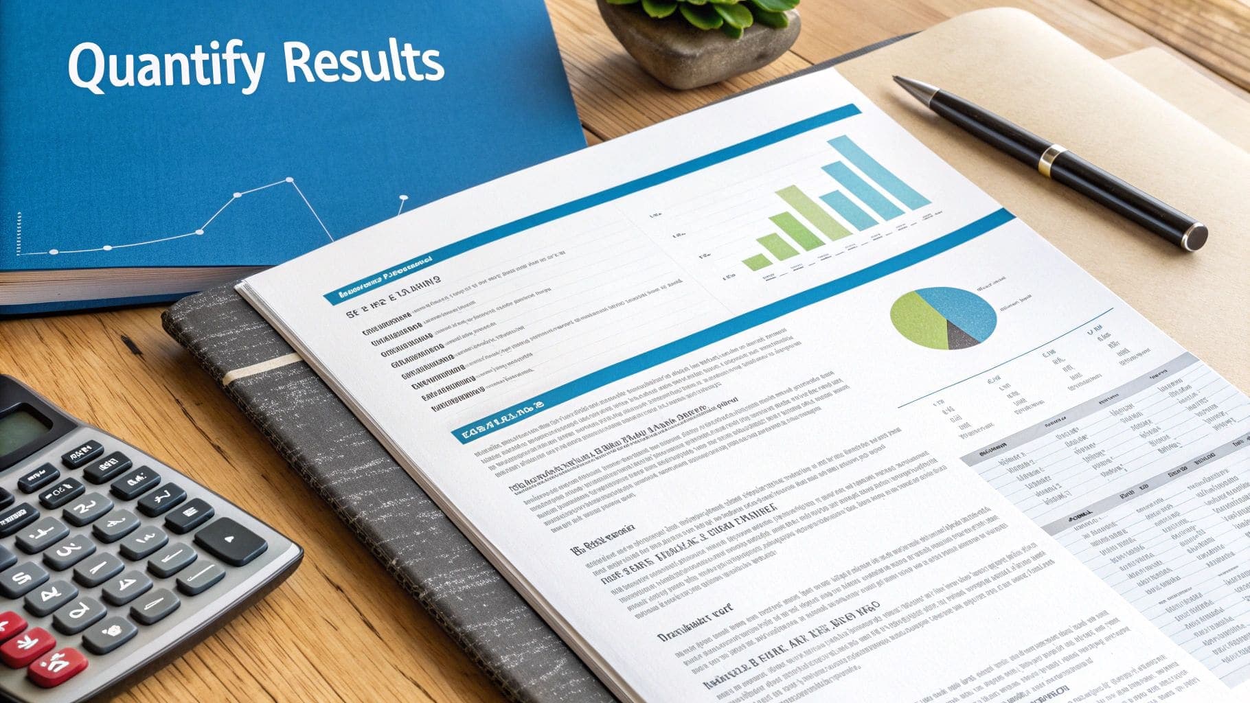 Wooden desk with blue Quantify Results book, business report with charts, calculator and pen showing data analysis for resume achievements