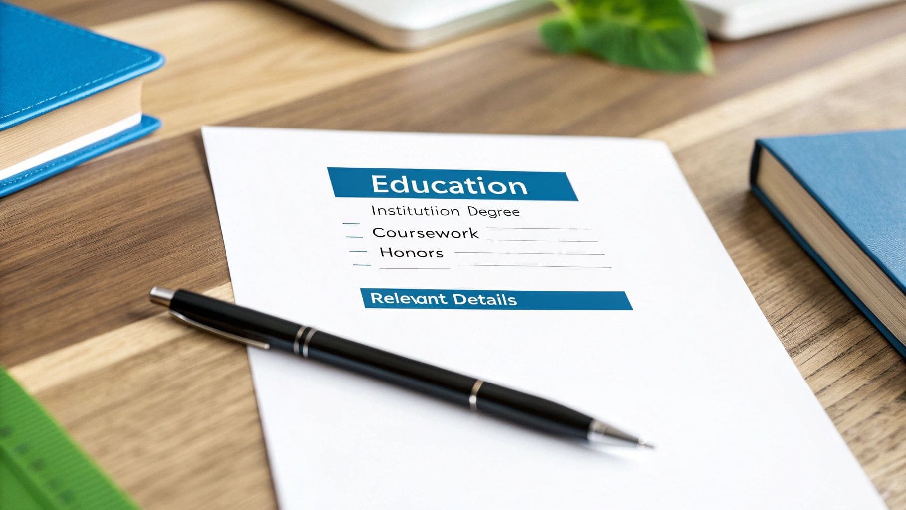 Close-up of education section on resume showing fields for degree, coursework and honours with professional formatting
