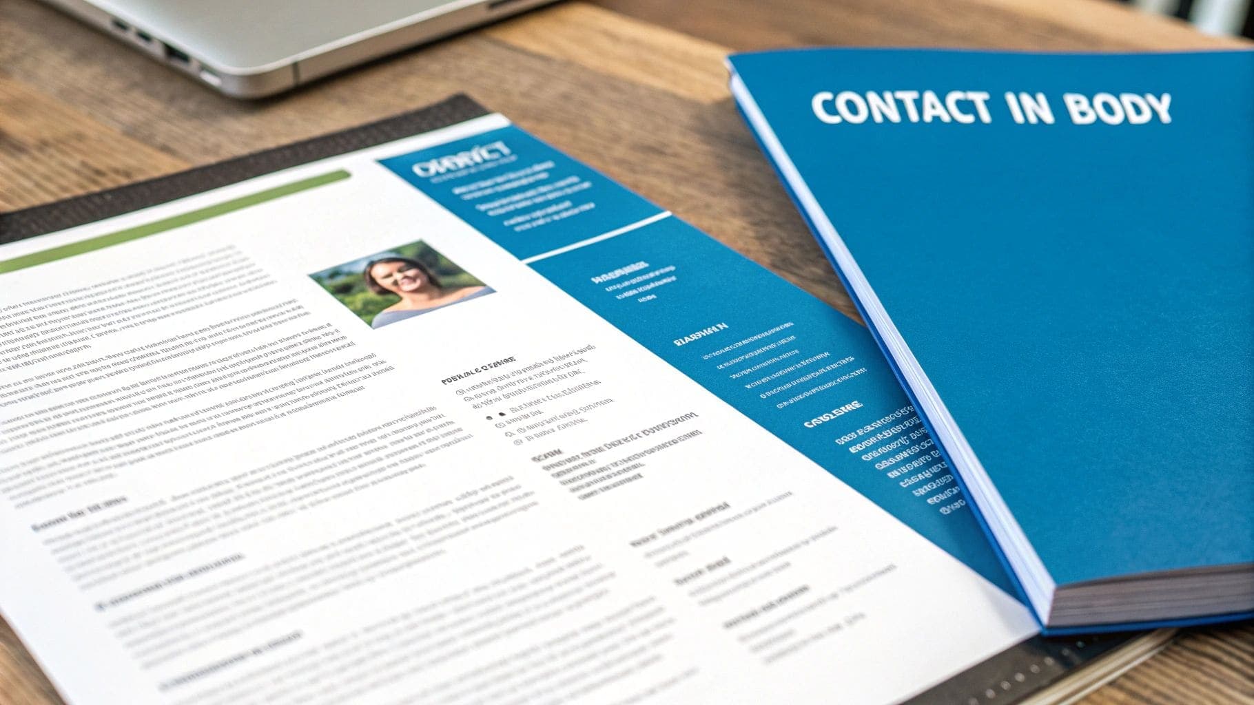 Professional resume with smiling woman photo next to blue book on wooden desk demonstrating CV presentation and contact information placement