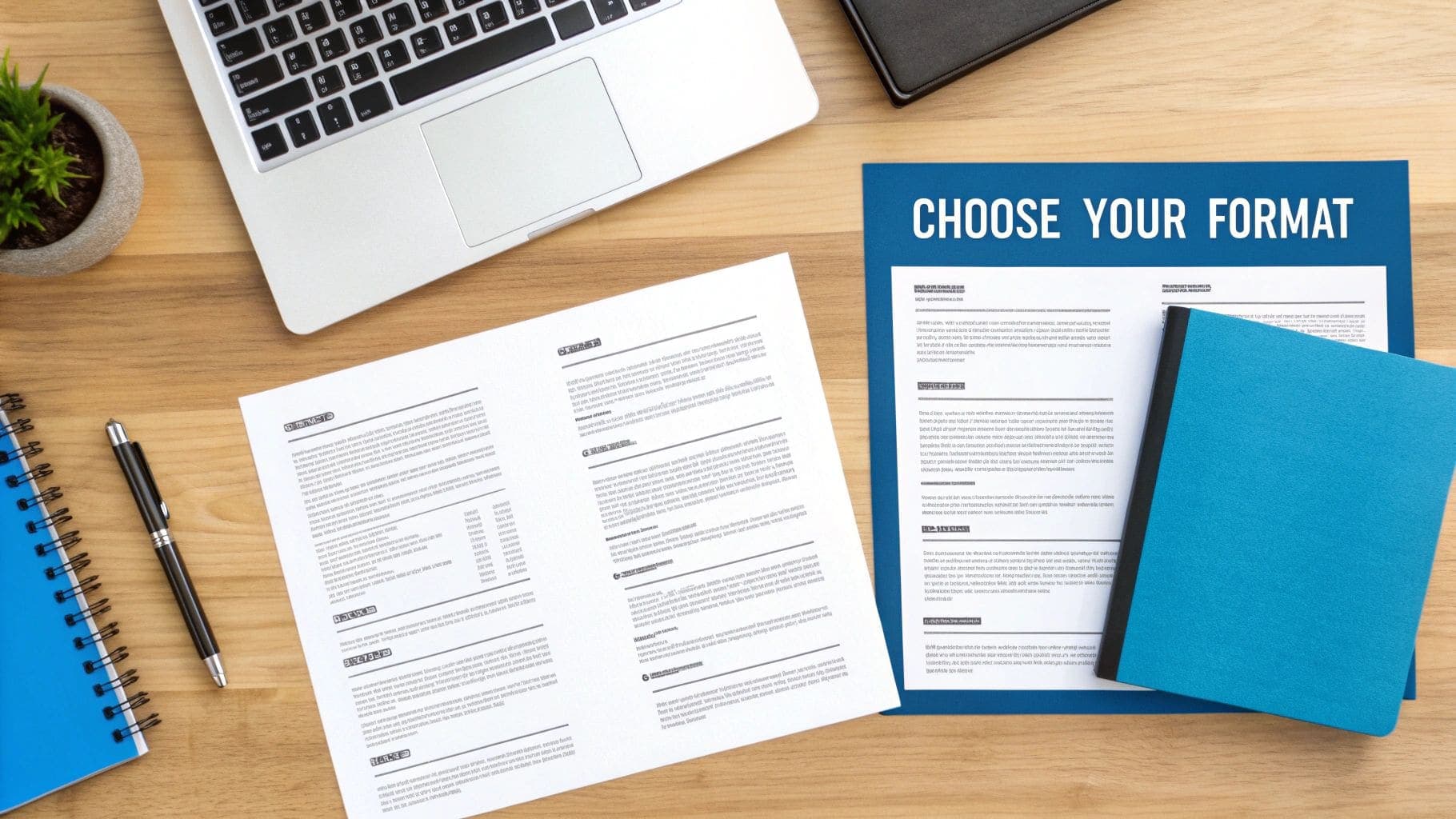 Flat lay desk with laptop, plant and various resume templates for professional job application preparation and career development