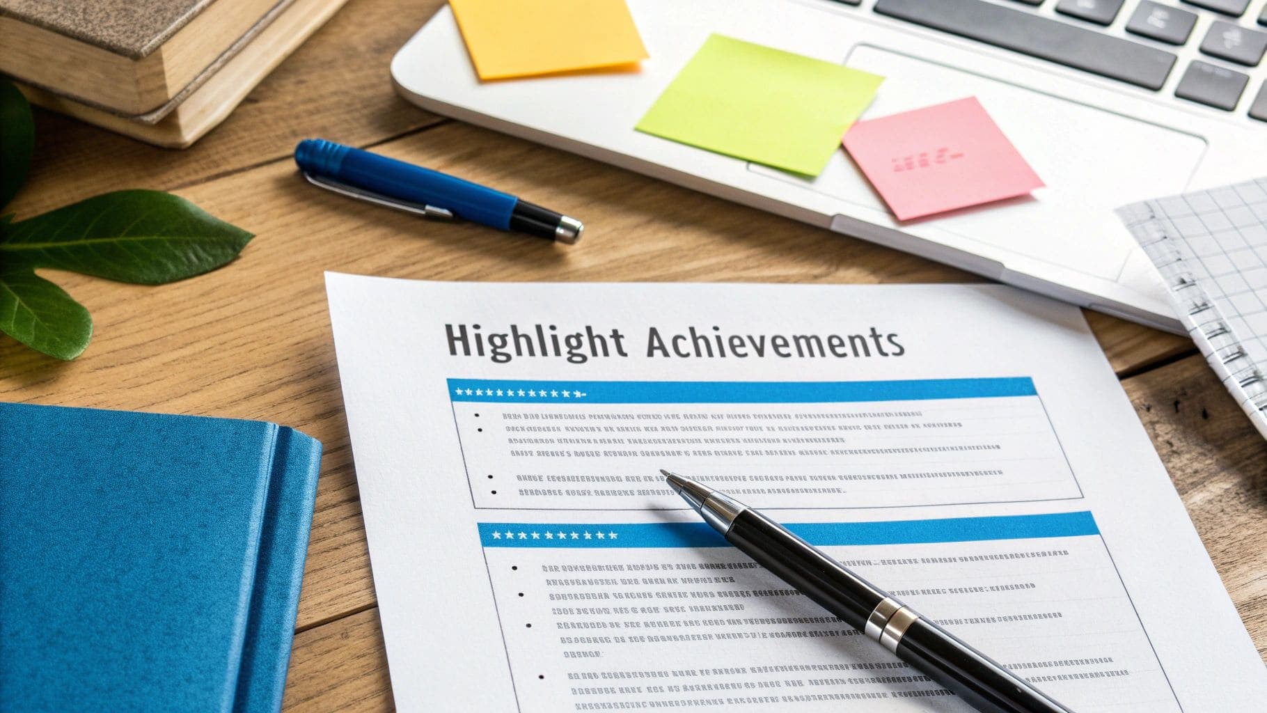 Document titled Highlight Achievements on wooden desk with pen, laptop and sticky notes for professional resume achievement writing guide