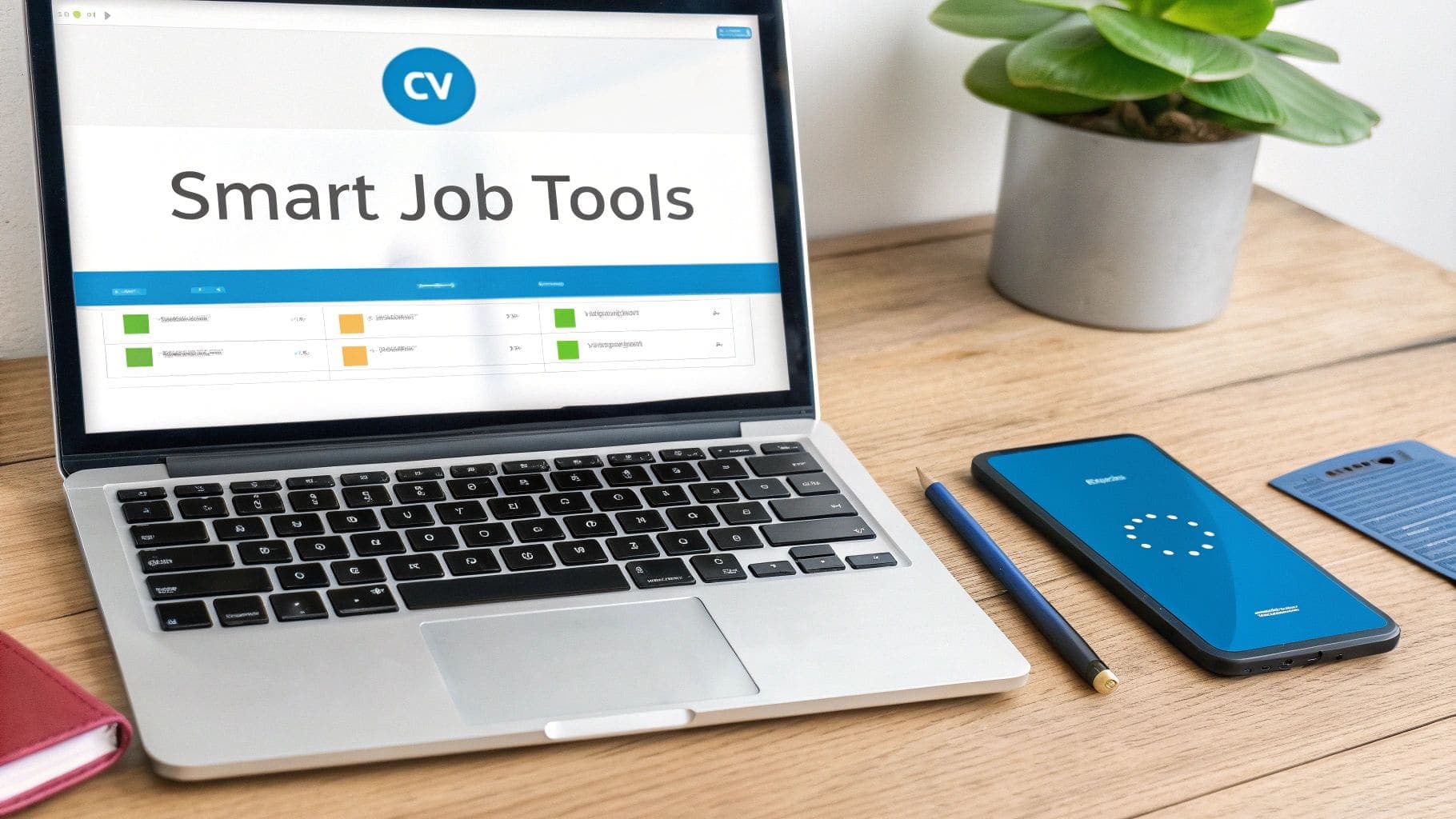 Laptop with Smart Job Tools and CV logo, phone, pen and plant on wooden desk for integrated job search management and career planning
