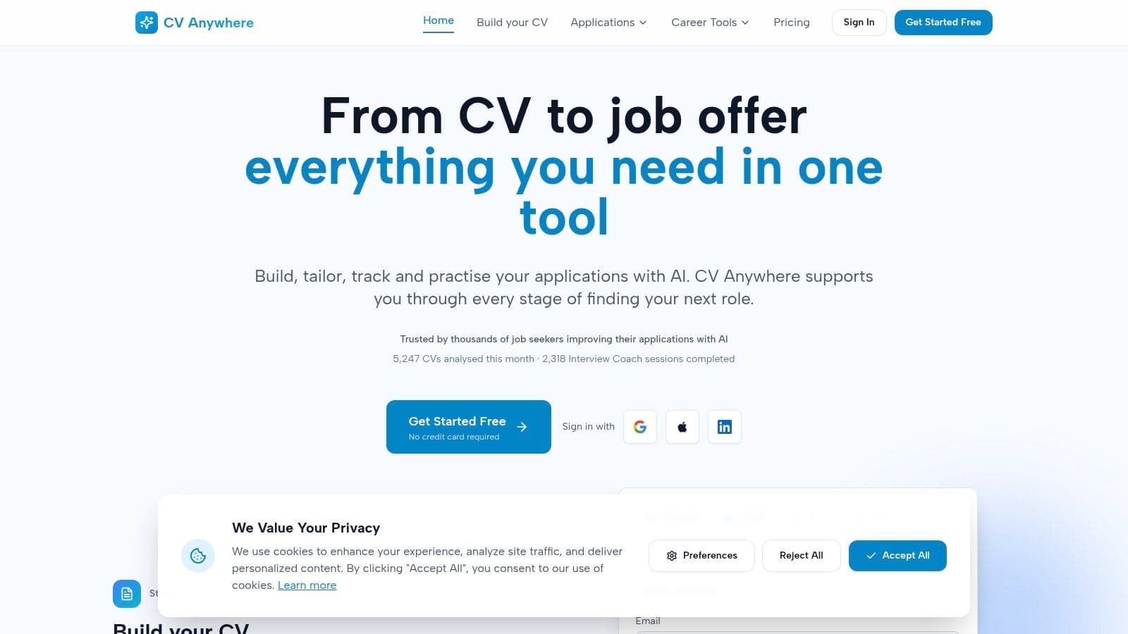 CV Anywhere website homepage showcasing Smart CV Builder features, JD Fit Checker and Interview Coach for free resume maker and job search tools