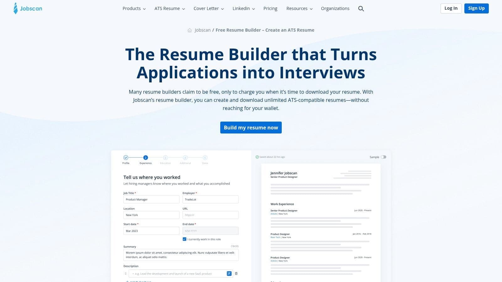 Jobscan free ATS-friendly resume builder interface showing ATS-optimised templates, LinkedIn import and unlimited PDF downloads for beating applicant tracking systems