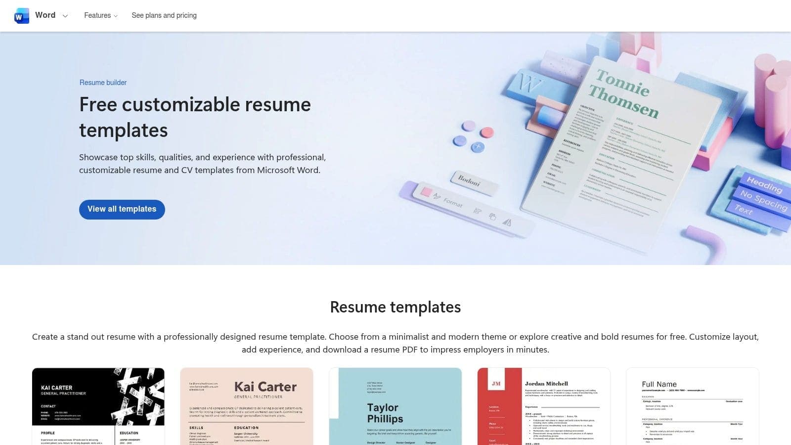 Microsoft Create Word templates online displaying professional resume templates library for free resume maker and job application documents
