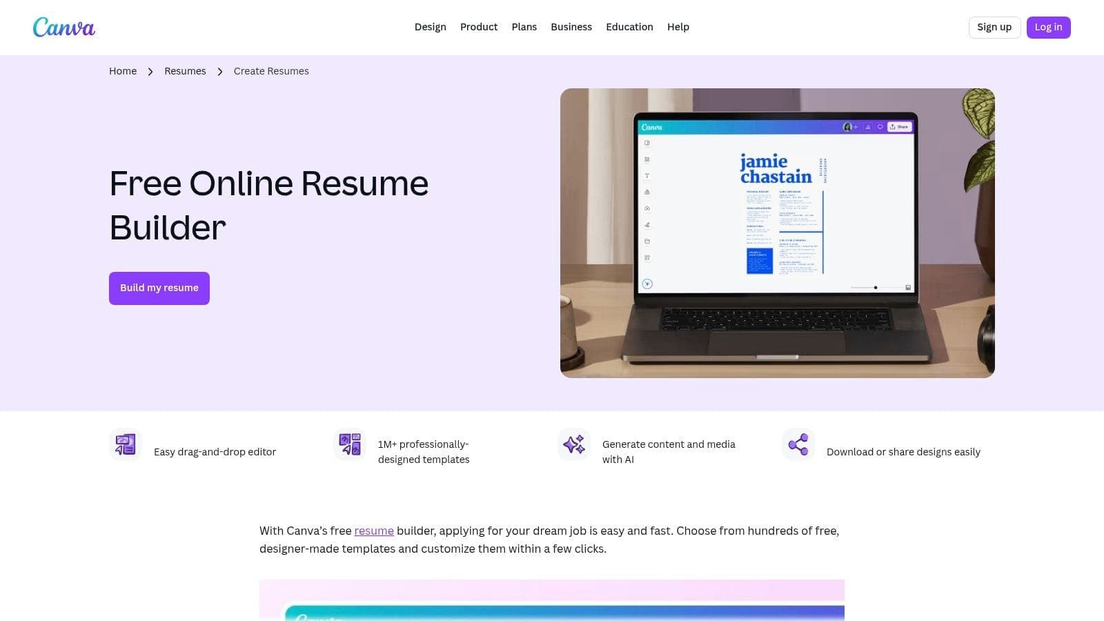 Canva free online resume builder interface showing drag-and-drop editor with modern customisable templates for creative professionals and visual resume design
