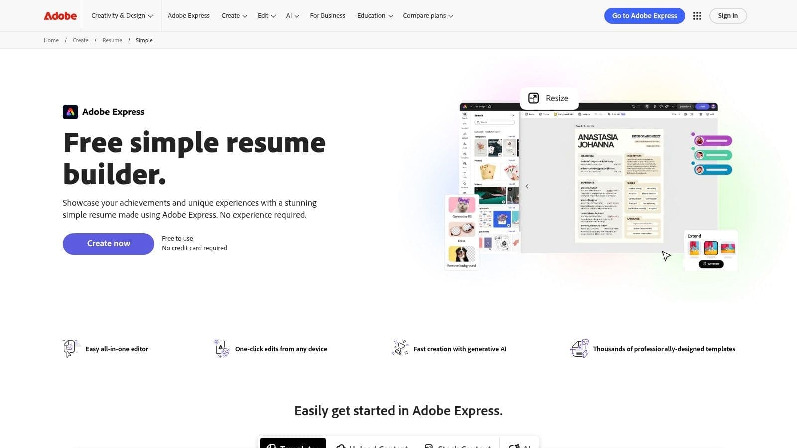 Adobe Express simple resume builder online editor showing generative AI assistant and professional templates for free resume creation and design