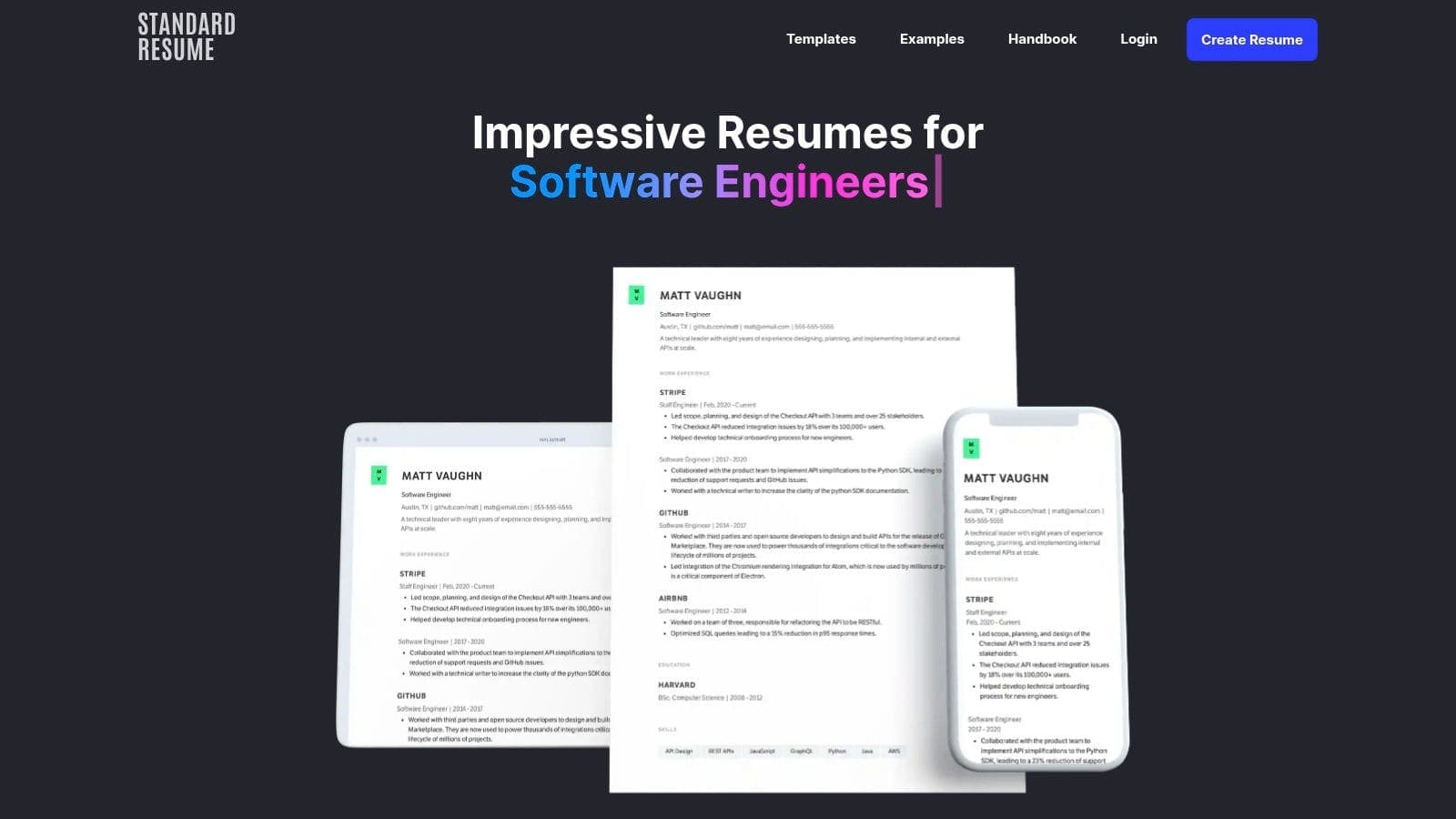 Standard Resume free basic plan showing minimalist recruiter-approved templates, LinkedIn import and clean ATS-optimised layouts for tech and corporate professionals