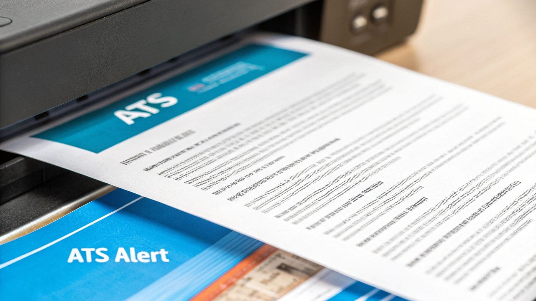 Close-up of printer feeding white document with ATS and ATS Alert text for applicant tracking system compatibility and resume scanning technology