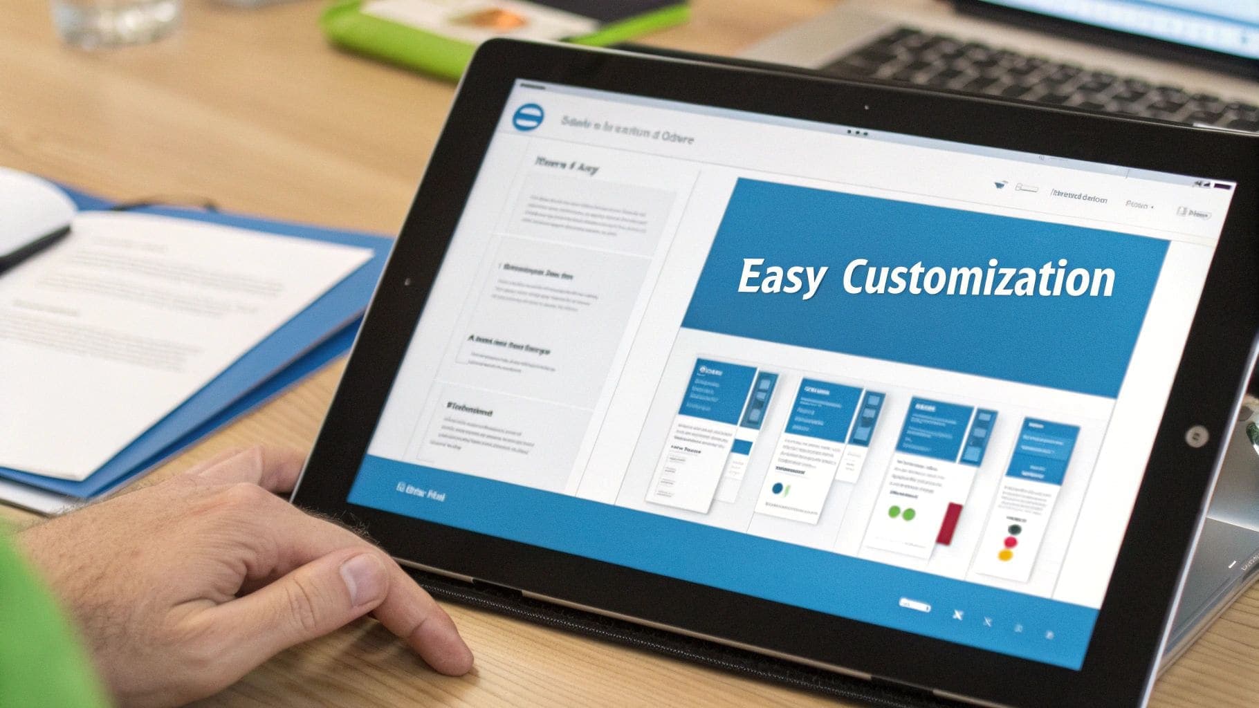 Person's hand using tablet displaying user interface with Easy Customisation text and design templates for smart resume builder and flexible CV formatting
