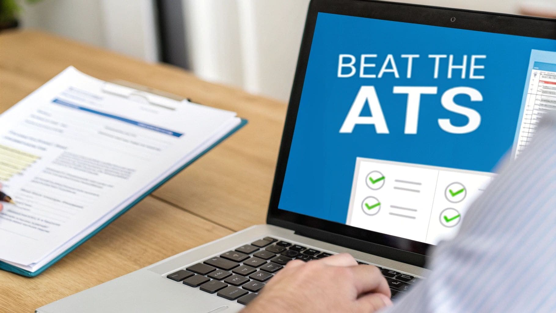 Professional typing on laptop with Beat the ATS displayed on screen next to printed resume checklist document for applicant tracking system optimisation and keyword strategy