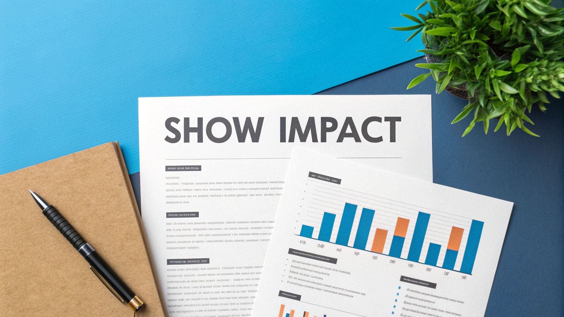 Flat lay workspace showing document titled SHOW IMPACT with business bar chart, spiral notebook and pen for demonstrating quantifiable achievements and measurable results on resume