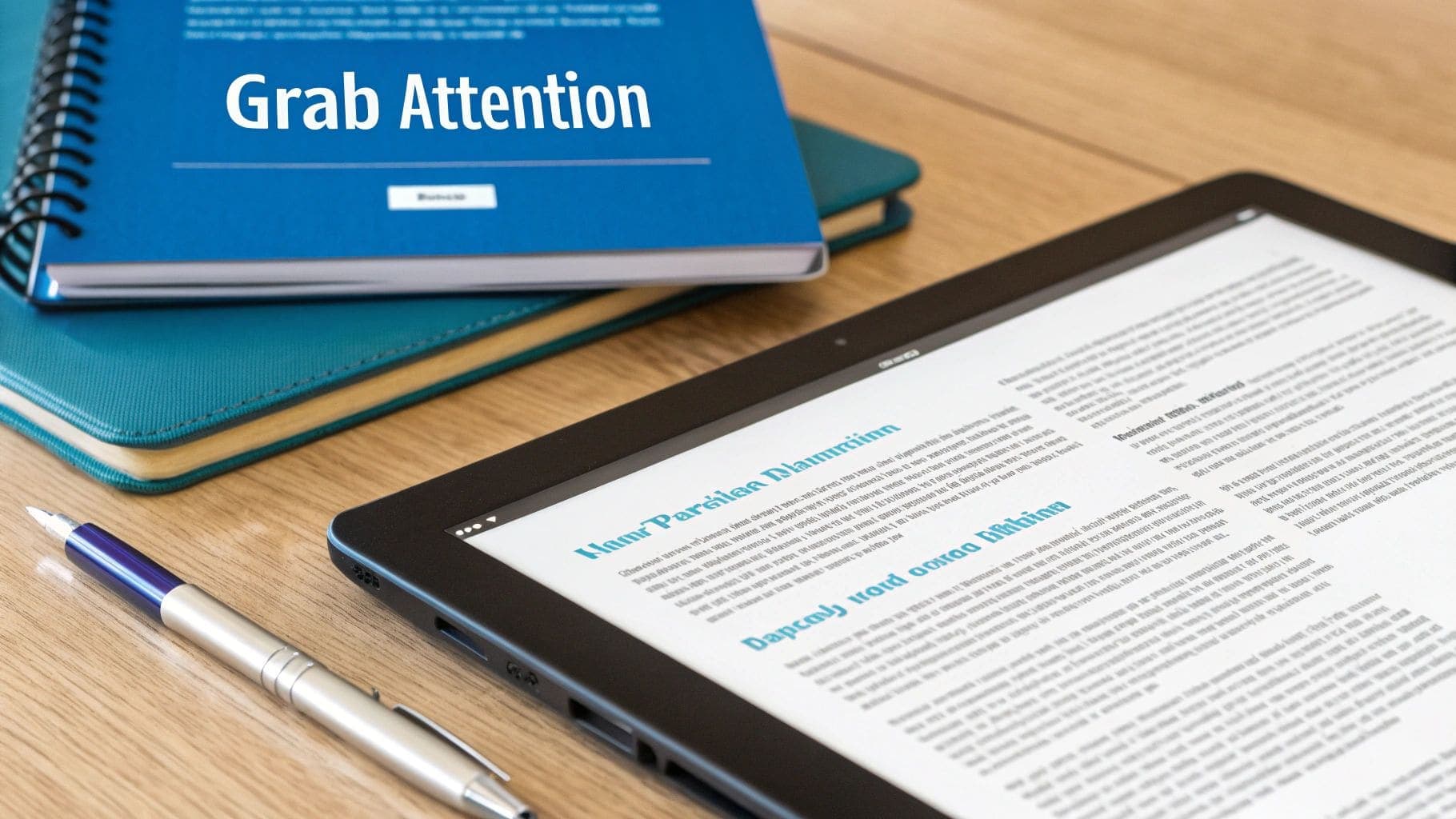 Blue notebook with Grab Attention text, tablet displaying article and pen on wooden table for crafting compelling resume headlines and professional summary writing strategy