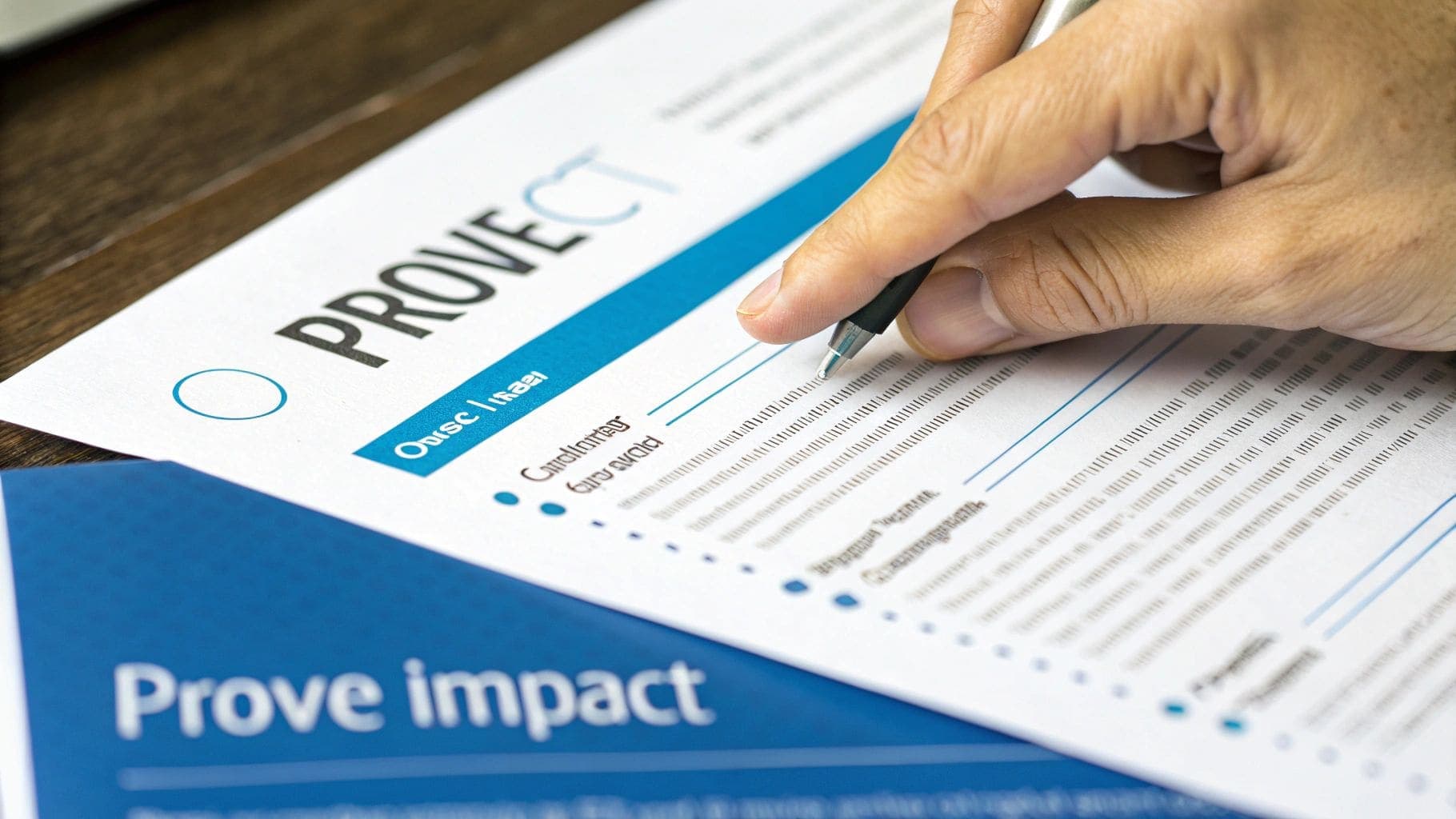 Close-up of professional hand holding pen diligently filling out formal document with blue header for demonstrating action-oriented resume writing and achievement documentation