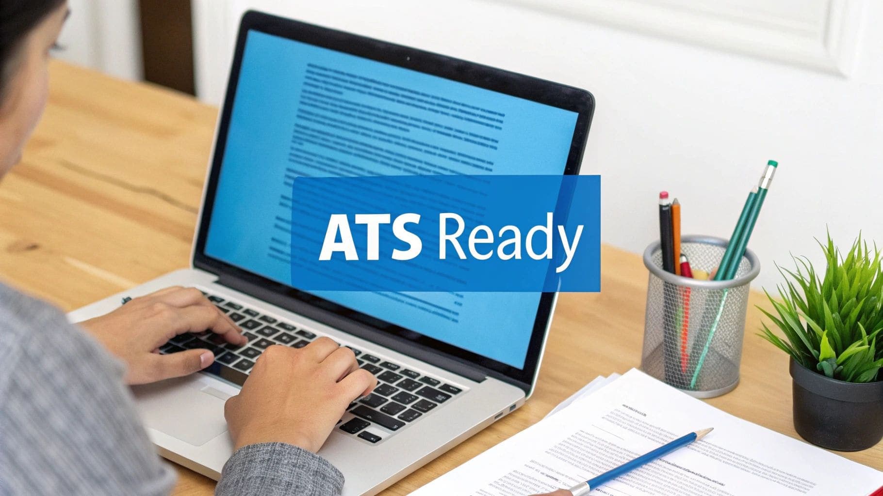 Professional typing on laptop displaying document with blue ATS Ready overlay on wooden desk for applicant tracking system optimisation and resume keyword strategy
