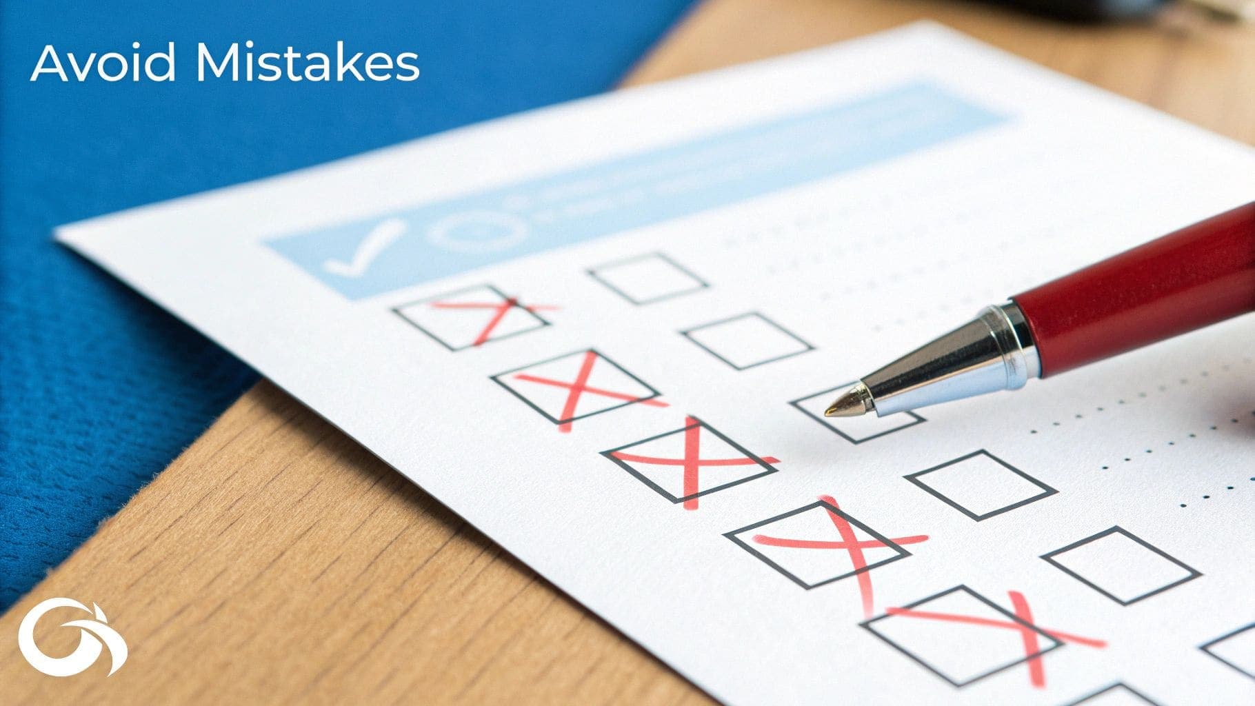 Red pen hovering over checklist document with multiple items marked with red X marks alongside Avoid Mistakes text for resume error checking and quality control