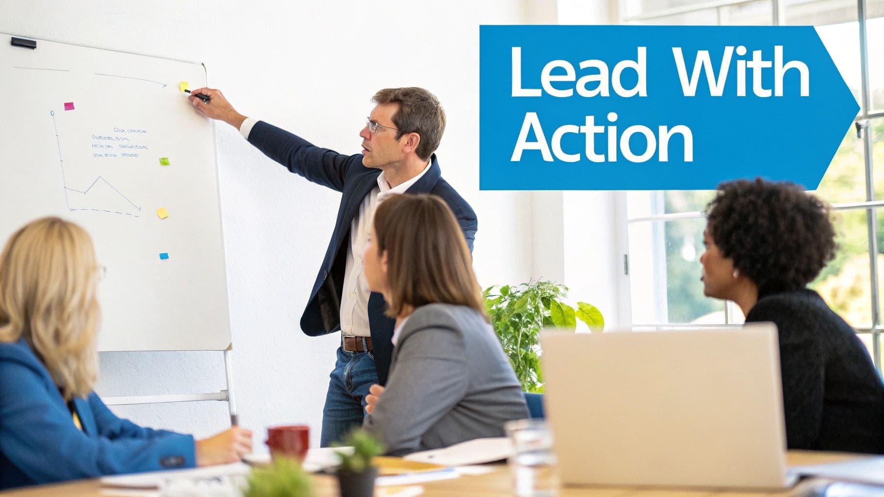 Business leader presenting to diverse colleagues in modern office discussing data on whiteboard for demonstrating leadership and action-driven achievement statements in professional workplace environment