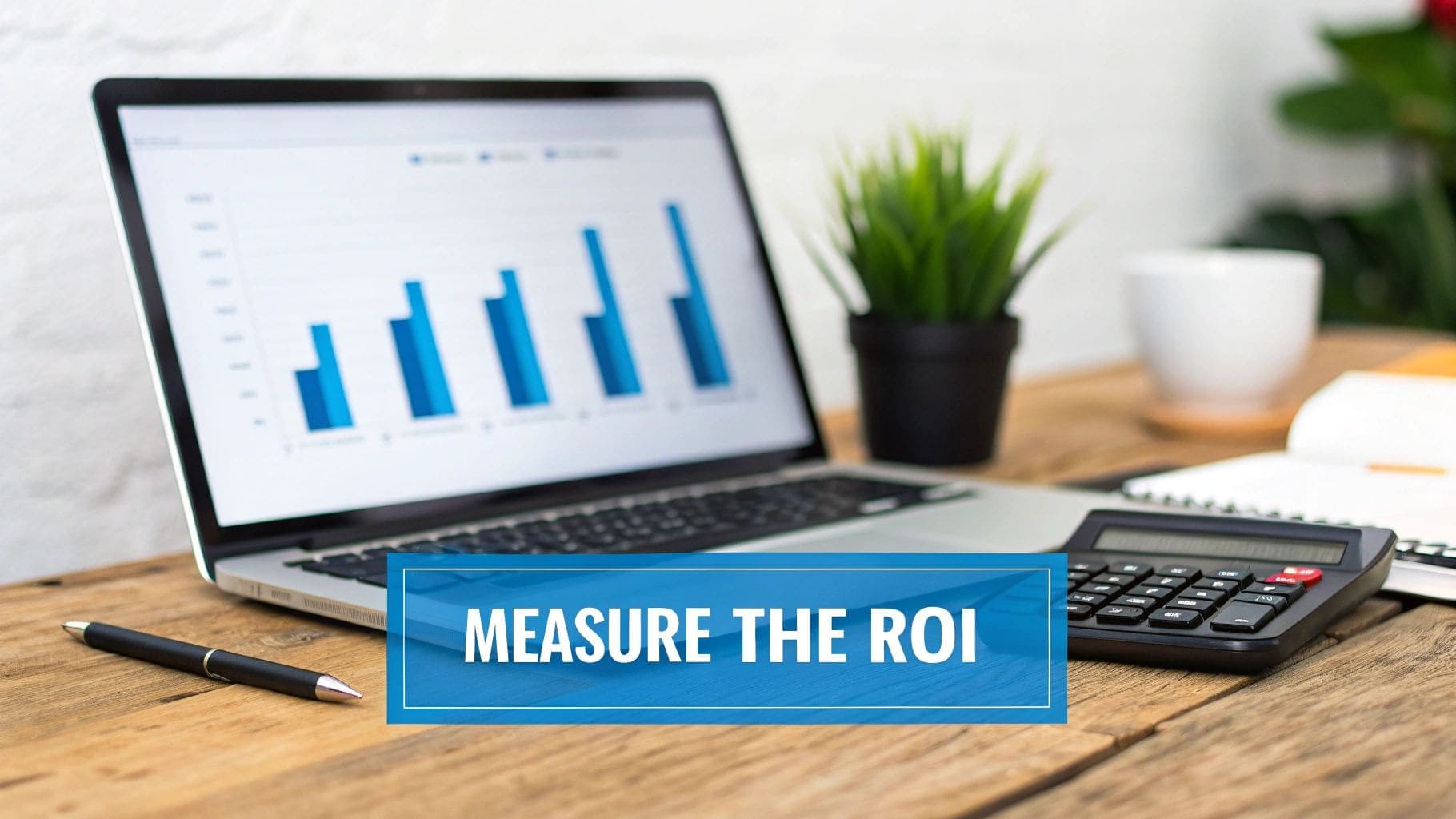 Laptop displaying business bar chart with calculator and pen on wooden desk with MEASURE THE ROI banner for demonstrating quantifiable metrics and return on investment analysis for resume achievement documentation